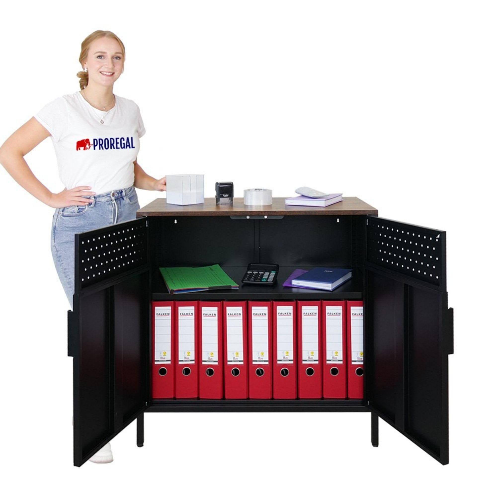 PROREGAL Aktenschrank Lion Metall mit Beinen Metallschrank Doppeltür mit Magnetverschluss 76x80x40cm Kommode 2 verstellbare Einlegeböden Stahl Vintagebraun/Schwarz Aufbewahrungsschrank Büroschrank