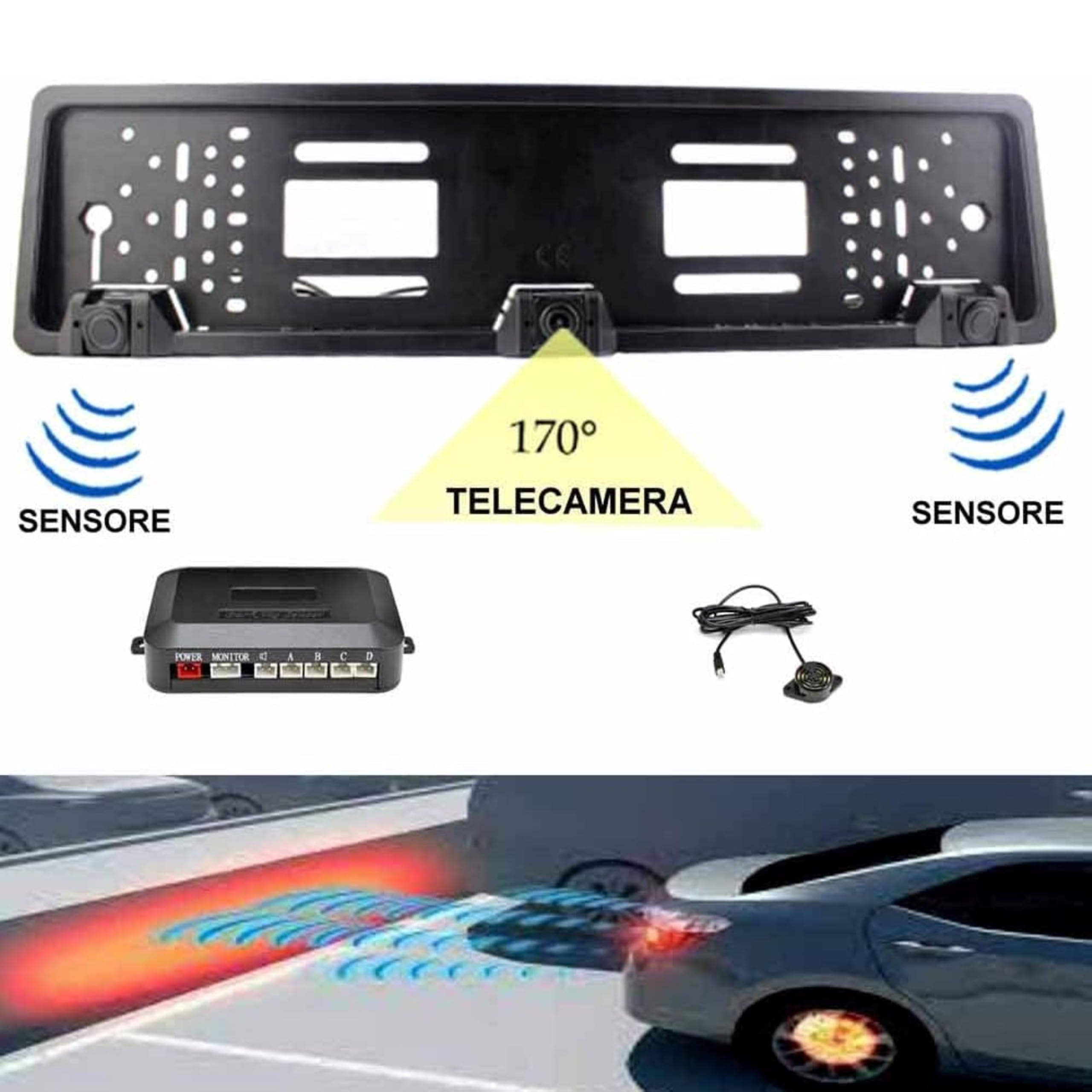 Yasta Portatarga Auto con Sensori di Parcheggio e Telecamera Posteriore Kit Retrocamera e 2 Sensori Universale per Auto, Camper, Camion Assistenza Retromarcia