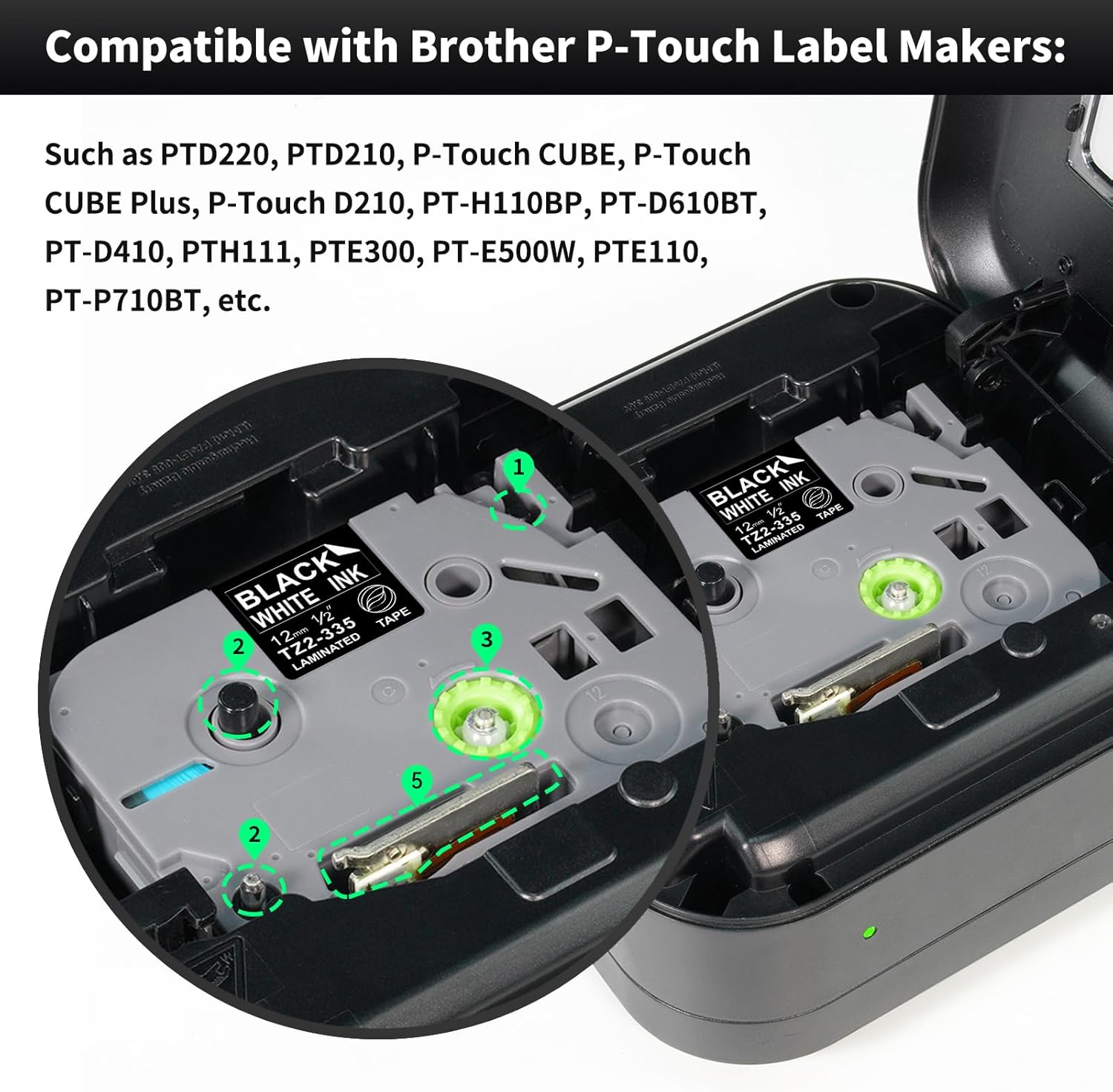 Label Tape Replacement for Brother P-Touch Label Tape 12mm 0.47 Black Brother TZE Tape TZe-335 TZe Tape Lminated Black, Compatible with P Touch Label Maker PT-D210 H110 D220 D410 D600, 4 Pack - Image 2