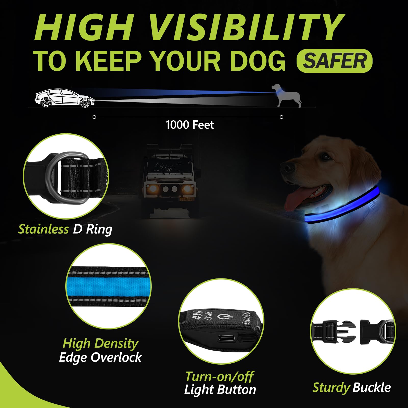 Collare per cani luminoso a LED, collare per cani illuminato per notte, collare per cani di piccola taglia ricaricabile, collare per cani di piccola taglia (blu, confezione da 1, S)