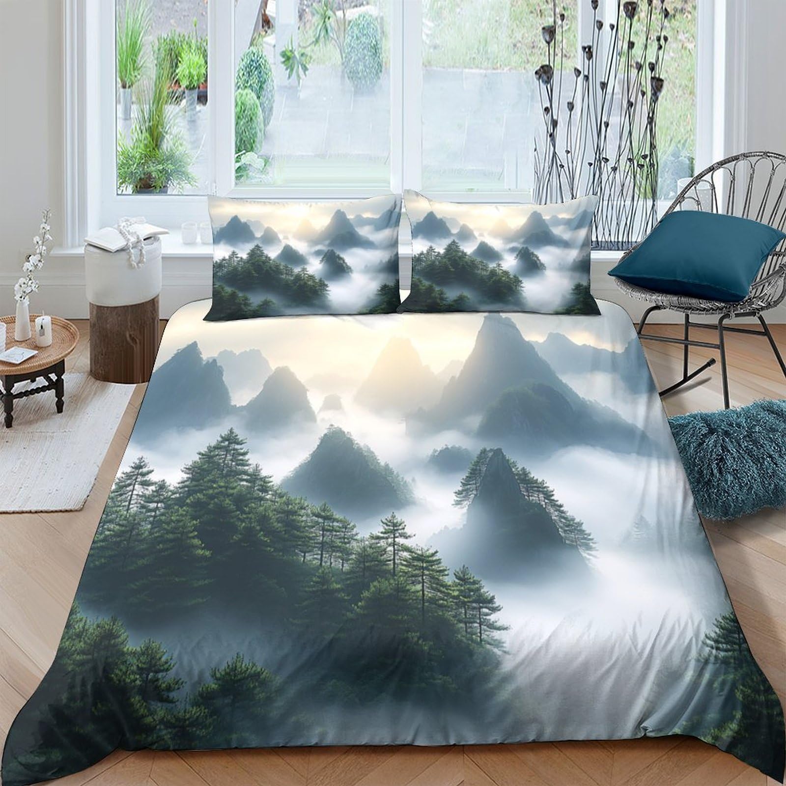 Ctjqhvkz Style-3 3D Printed Misty Mountain Landscape Fitted Sheet Microfiber Soft Bed Cover Forest Sunrise Bedroom Decor Single（135X200cm）