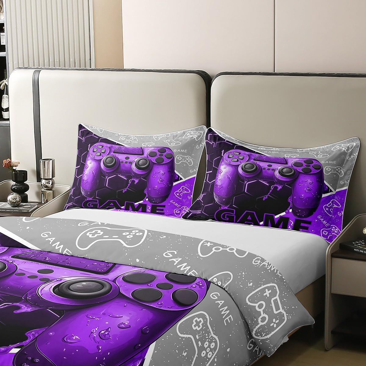 Gaming Boys 100% Nature Cotton Duvet Cover Twin Size,Purple Video Game Consoles Gamepad Reversible Comforter Cover with 1 Pillowcase,Honeycomb Gamer Room Decor Aesthetic Bedding Set image 4