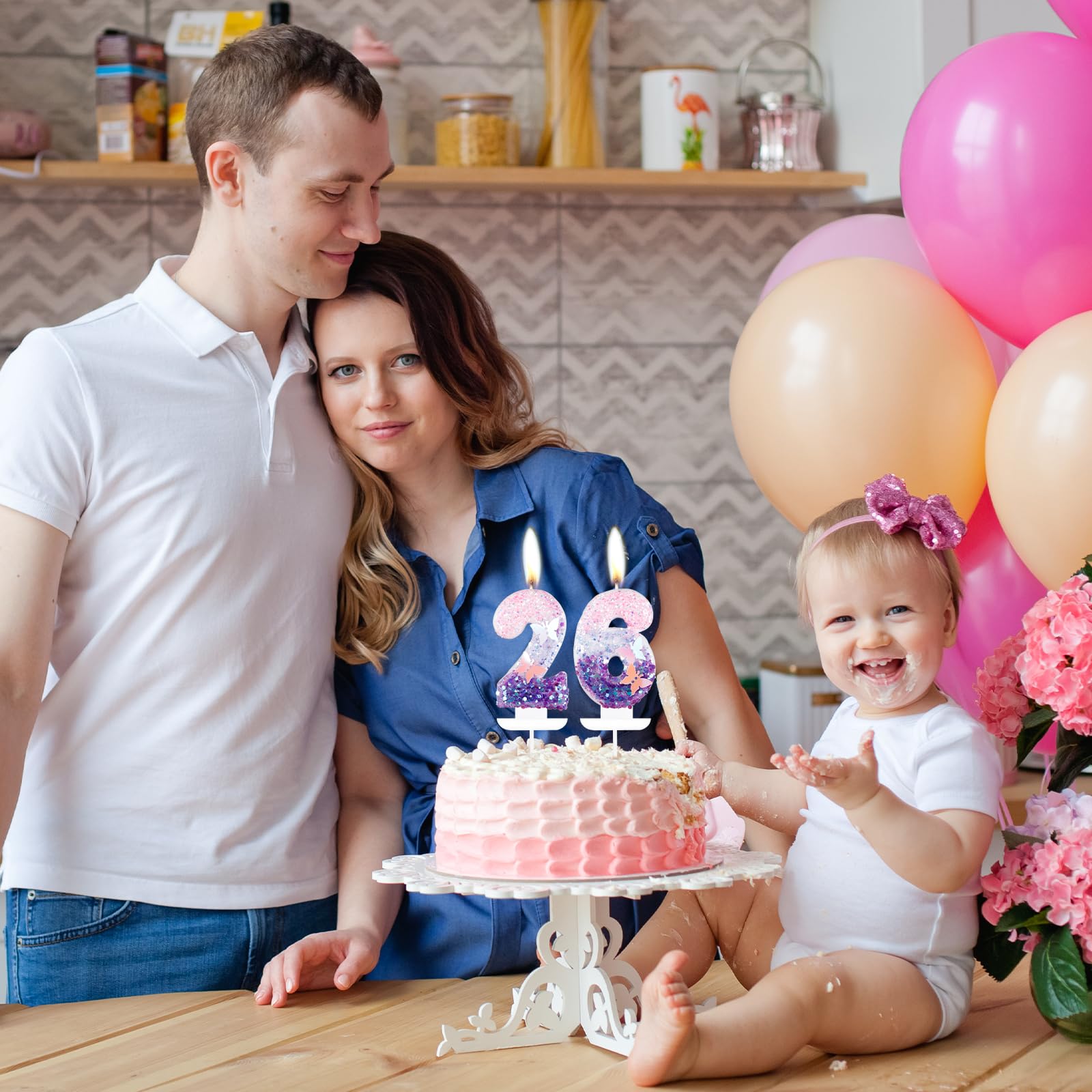 Vela de cumpleaños número 2, decoración de fiesta de cumpleaños de mariposa para mujeres/niñas, vela de cumpleaños morada, velas de cumpleaños grandes con purpurina de 2.75 pulgadas,