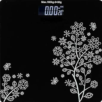 Azcona Impex Electronic Weight Machine for Human Body Floral Digital Bathroom Weighing Scale with LCD Panel & Thick Tempered Glass, LCD Display Digital (Black Flower)