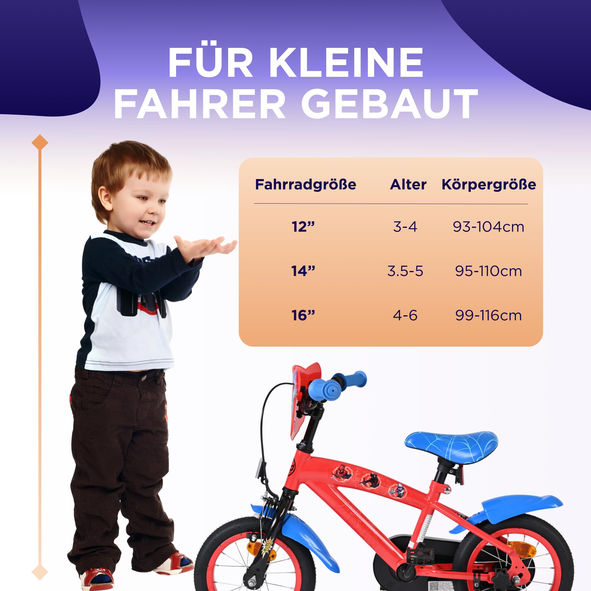 Volare Spider-Man Kinderfahrrad 14 Zoll | 3,5–5 Jahre | Hand- & Rücktrittbremse, Stützräder, Kettenschutz, Reflektoren | Verstellbarer Sattel | Geschenk für Jungen & Mädchen