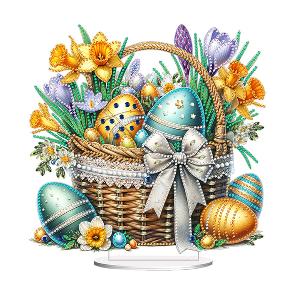 Easter Diamond Art Painting Desktop Kit with Stand, Special Shaped Diamond Art Tabletop Ornament, DIY Decor Craft Gift for Adults Beginners(Easter Basket Egg-01)