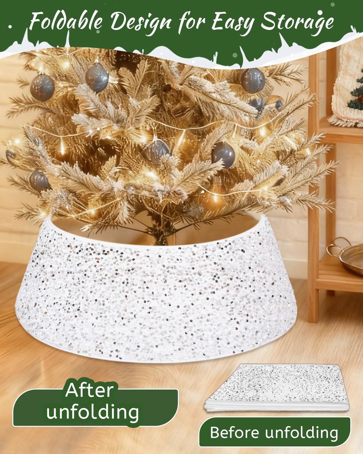 Odot Copri Base Albero Natale, Bianca Glitter Copri Albero di Natale Base, Christmat Tree Skirt Per Decorazioni Per Feste A Casa Vacanza(40 X 60 X 20 cm)