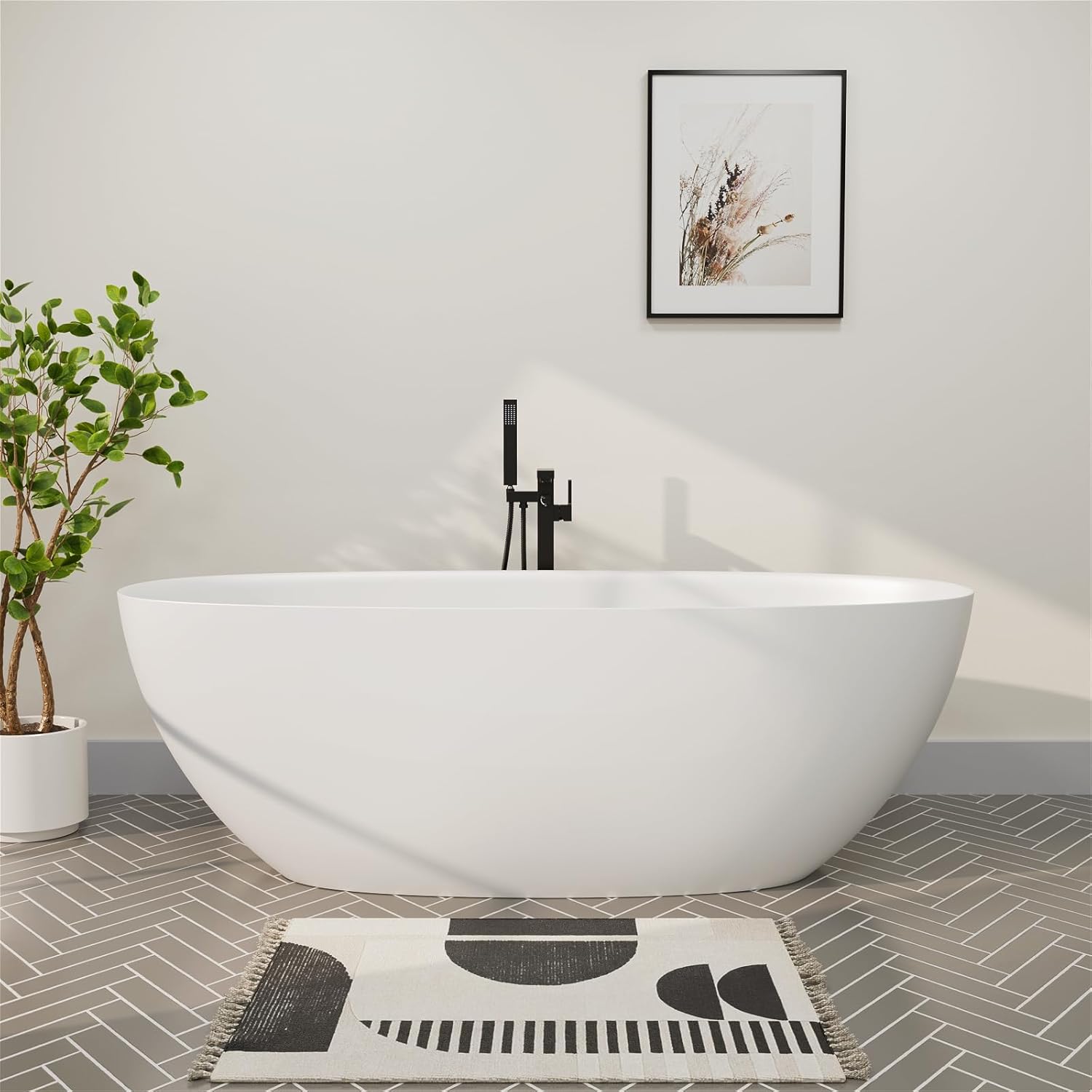 GIVINGTREE 65'' Freestanding Solid Surface Resin Stone Bathtub, Contemporary Design Stand Alone Tub with Pop-up Drain and Overflow, cUPC Certified, Matte White (Oval)