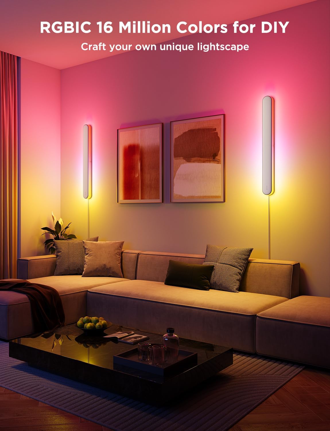 Govee Wall Sconces displaying RGBIC colors in a living room