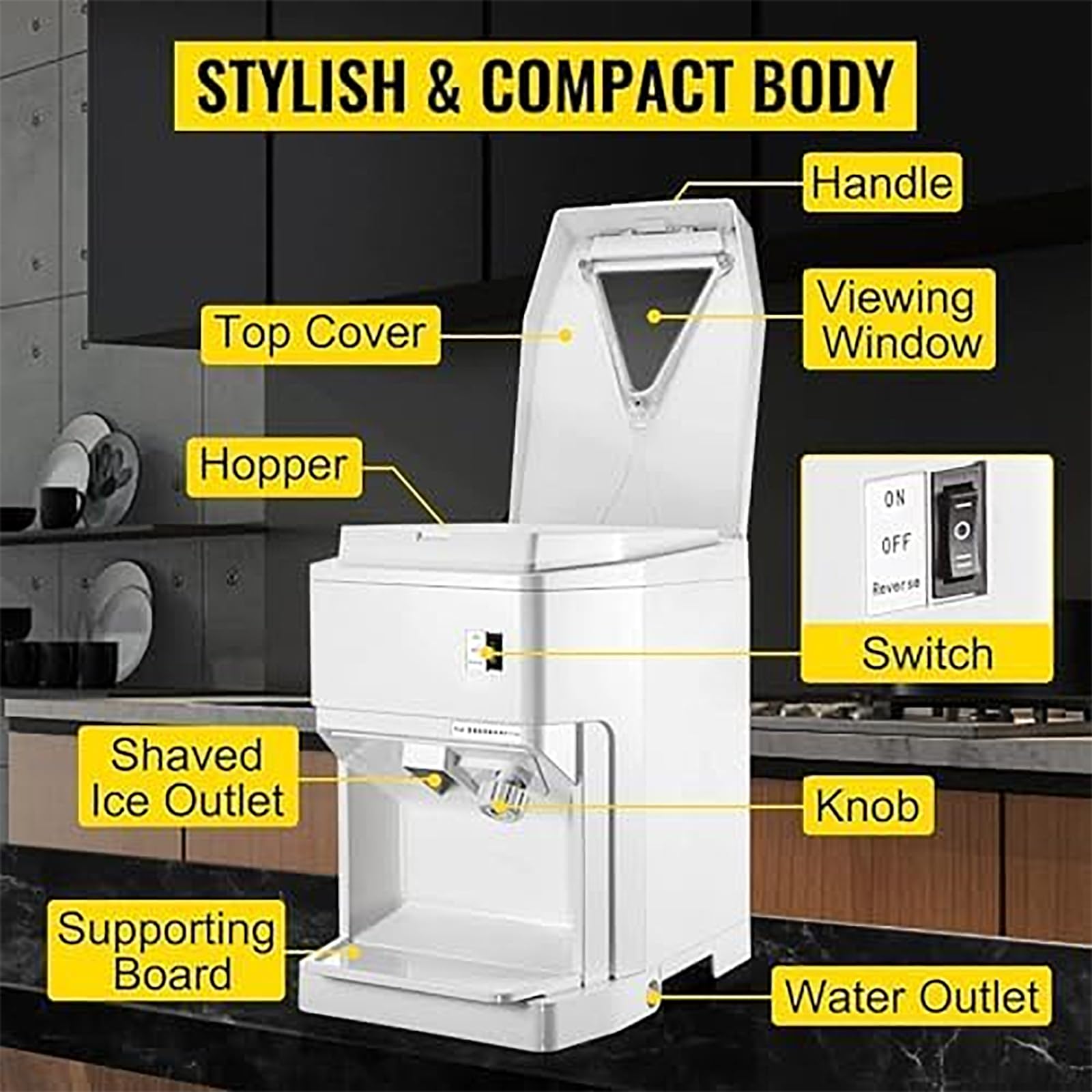 Máquina Cono Nieve, Trituradora Cubitoshieloeléctrica 2,3L con Bandeja Agua, Velocidad 320rpm/min Y Espesor Hielo Ajustable, Fabricación Hielo Rápida 3S Y Salida120kg/h,Sabor Suave Y Delicado