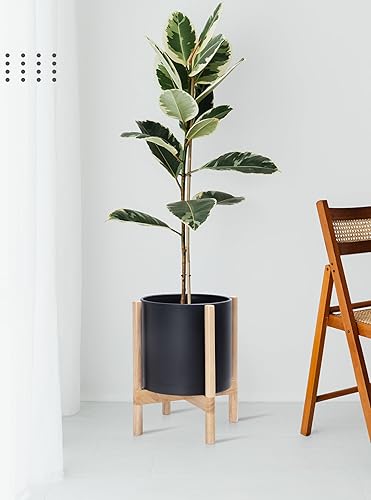 Miniatura 10 de D'vine Dev Maceta con soporte, maceta cilíndrica de plástico de 10 pulgadas con soporte para maceta de madera para interiores, maceta blanca mate +