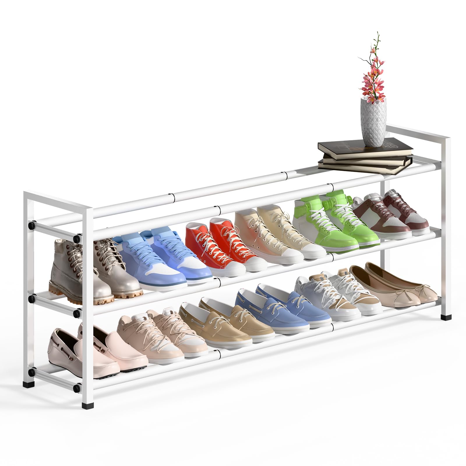 Bumusty 3-Tier Long Expandable Shoe Rack, Adjustable Shoe Organizer Shelf for Wardrobe, Metal Free Standing Shoe Rack Storage for Small Space, Hallway,White