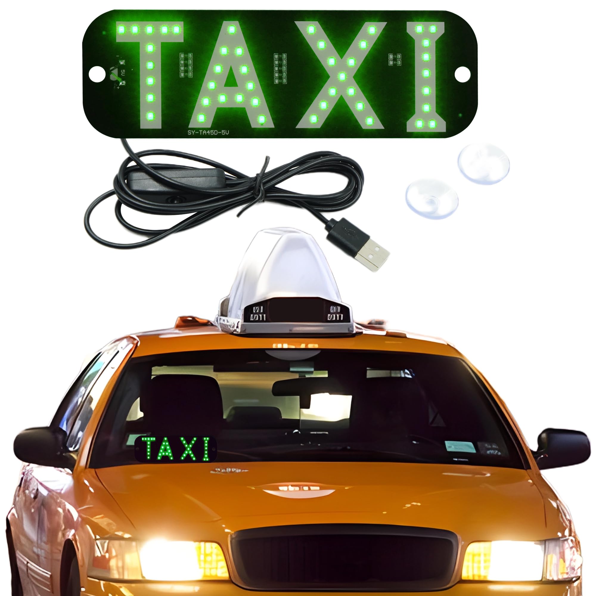 USB Plug Led Light Signs for Car, Taxi Sign Light Windshield, Green Glow LED Sign Decal Stickers with Suction Cups Flashing Hook on Car Window LED Bright Lights