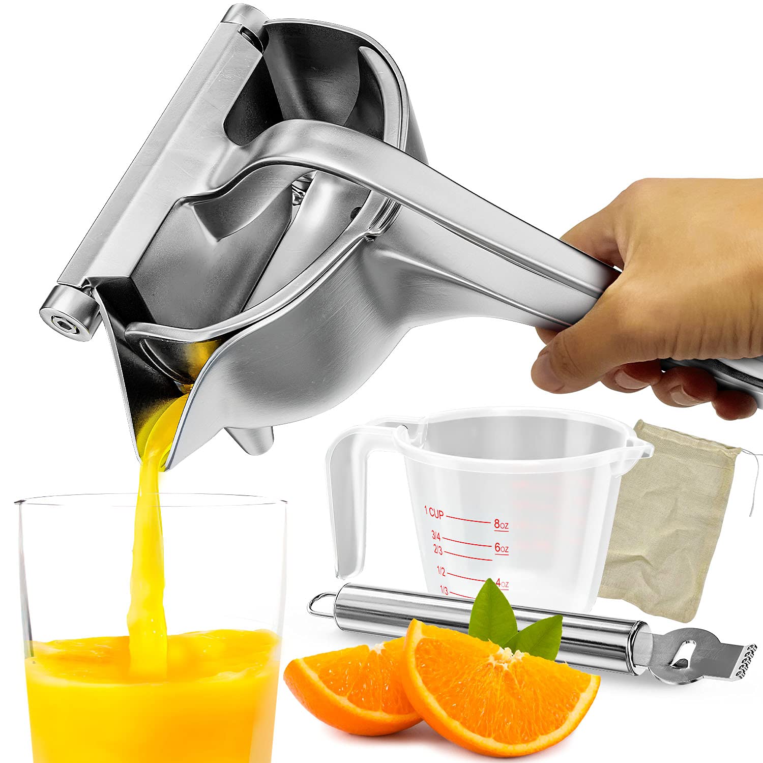 Manual Fruit Juicer with Measuring Cup| Stainless Steel Fruit Juicer with Platinum Crate Juicer Hand Juicer-Easy Fresh Fruit Juicer Press Handheld Fruit Juice Squeezer for a Healthy DIY Citrus Juicer