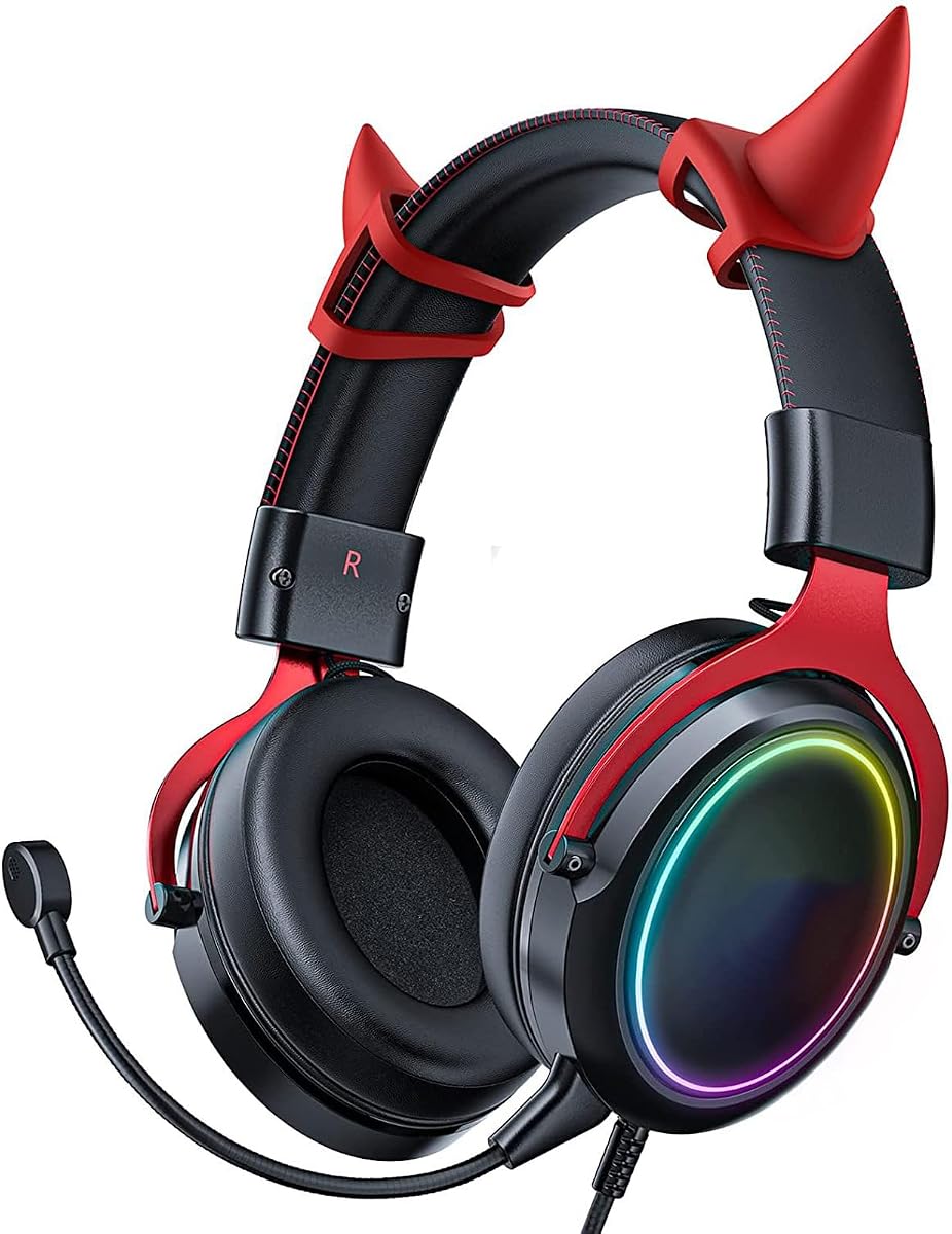 Cat Ear Headphones, Wired RGB Gaming Headset with Mic, Luminous Noise Reduction Over Ear Cute Headphones for Gamers (Black Red)