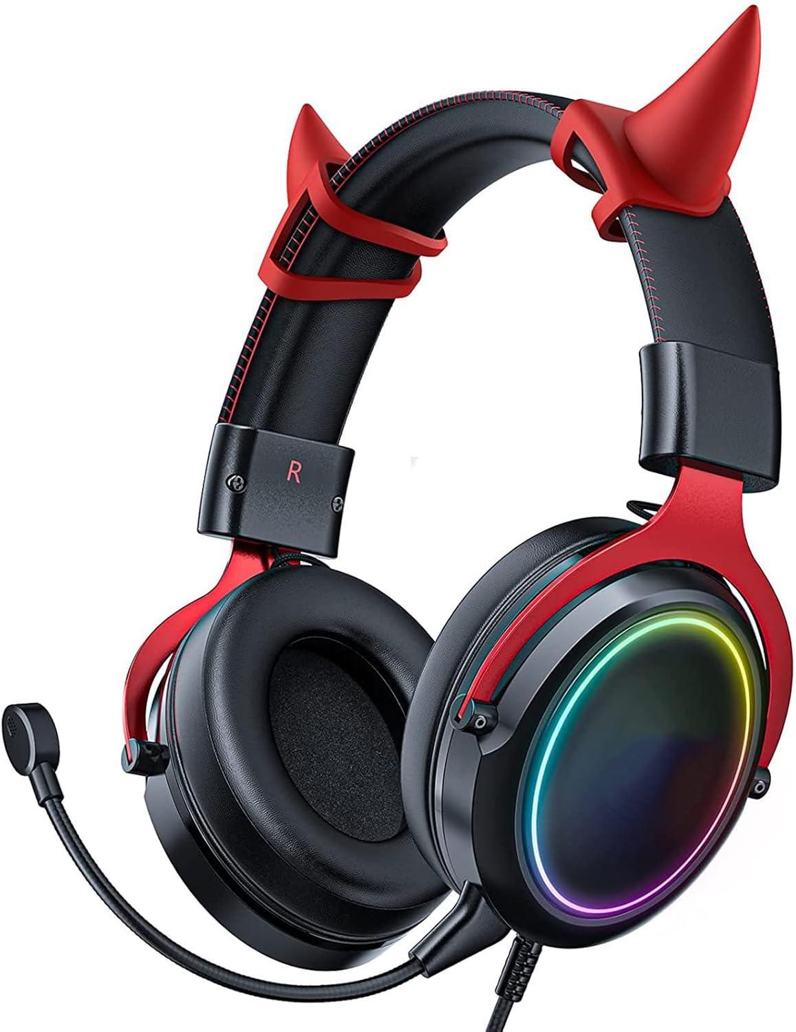 Denash Cat Ear Headphones, Wired RGB Gaming Headset with Mic, Luminous Noise Reduction Over Ear Cute Headphones for Gamers (Black Red)