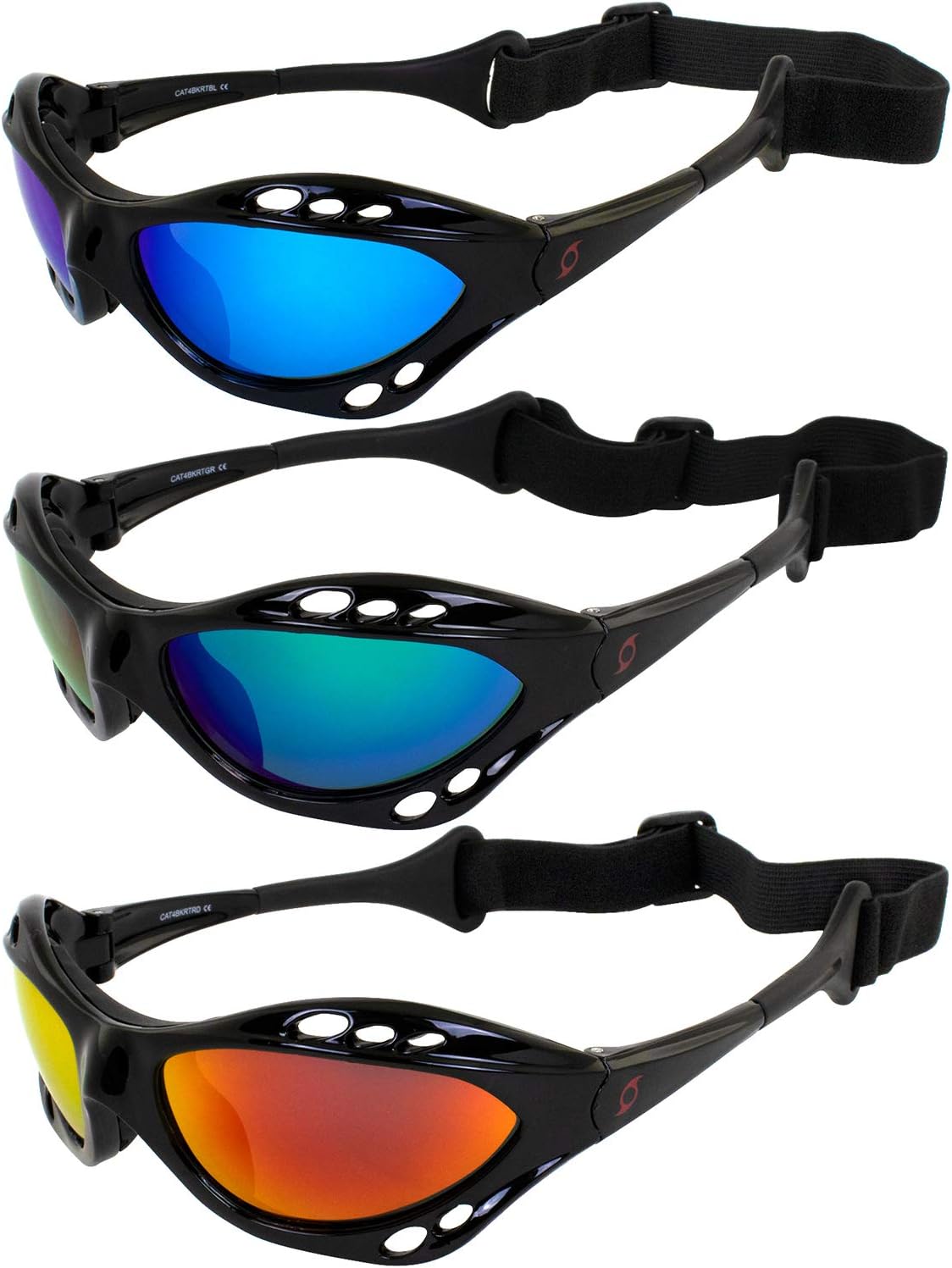 Hurricane Eyewear Category 4 Hurricane Polarized Jet Ski Padded Goggles 3 Pairs with Red Green & Blue Mirror ReflecTech Lenses