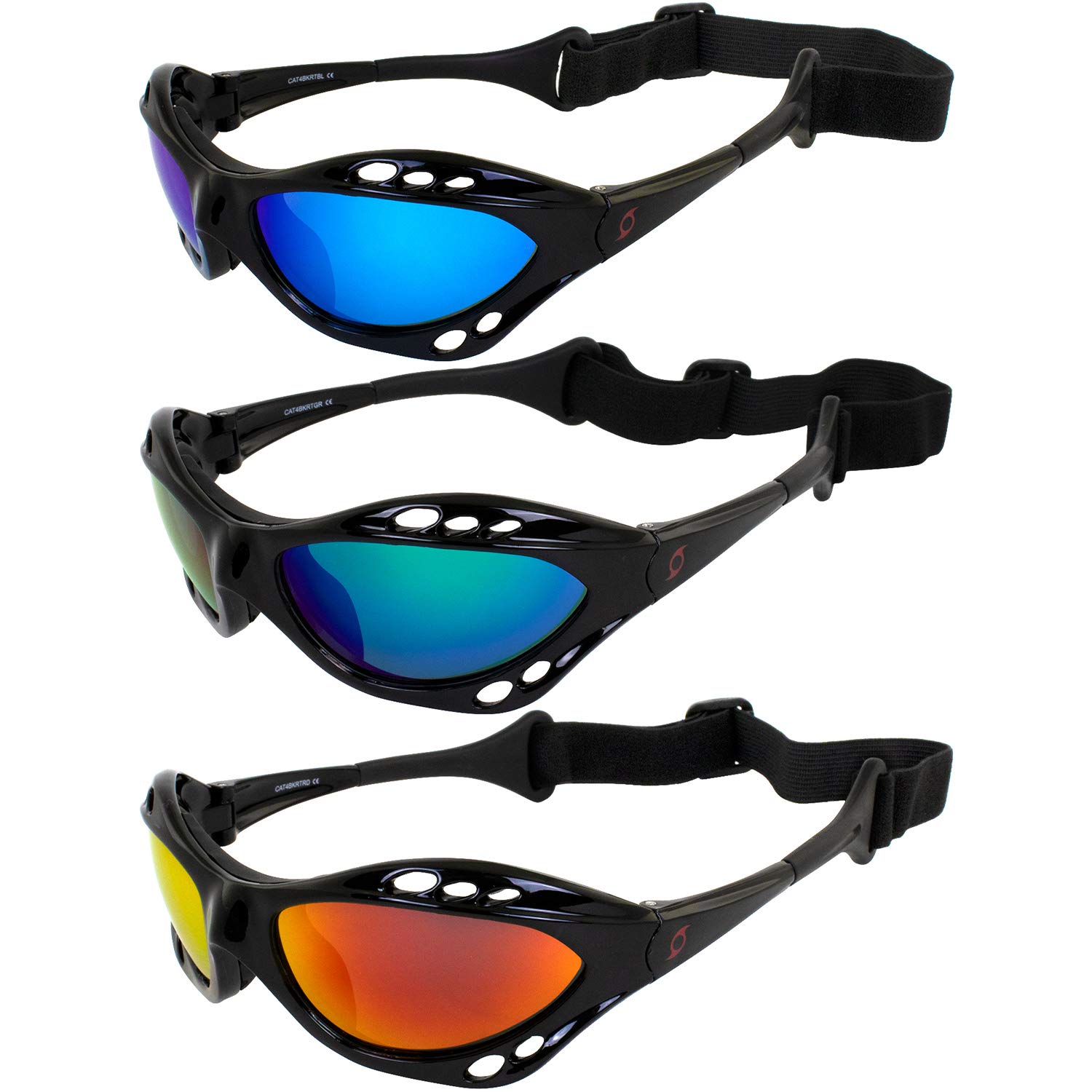 Hurricane EyewearCategory 4 Hurricane Polarized Jet Ski Padded Goggles 3 Pairs with Red Green & Blue Mirror ReflecTech Lenses