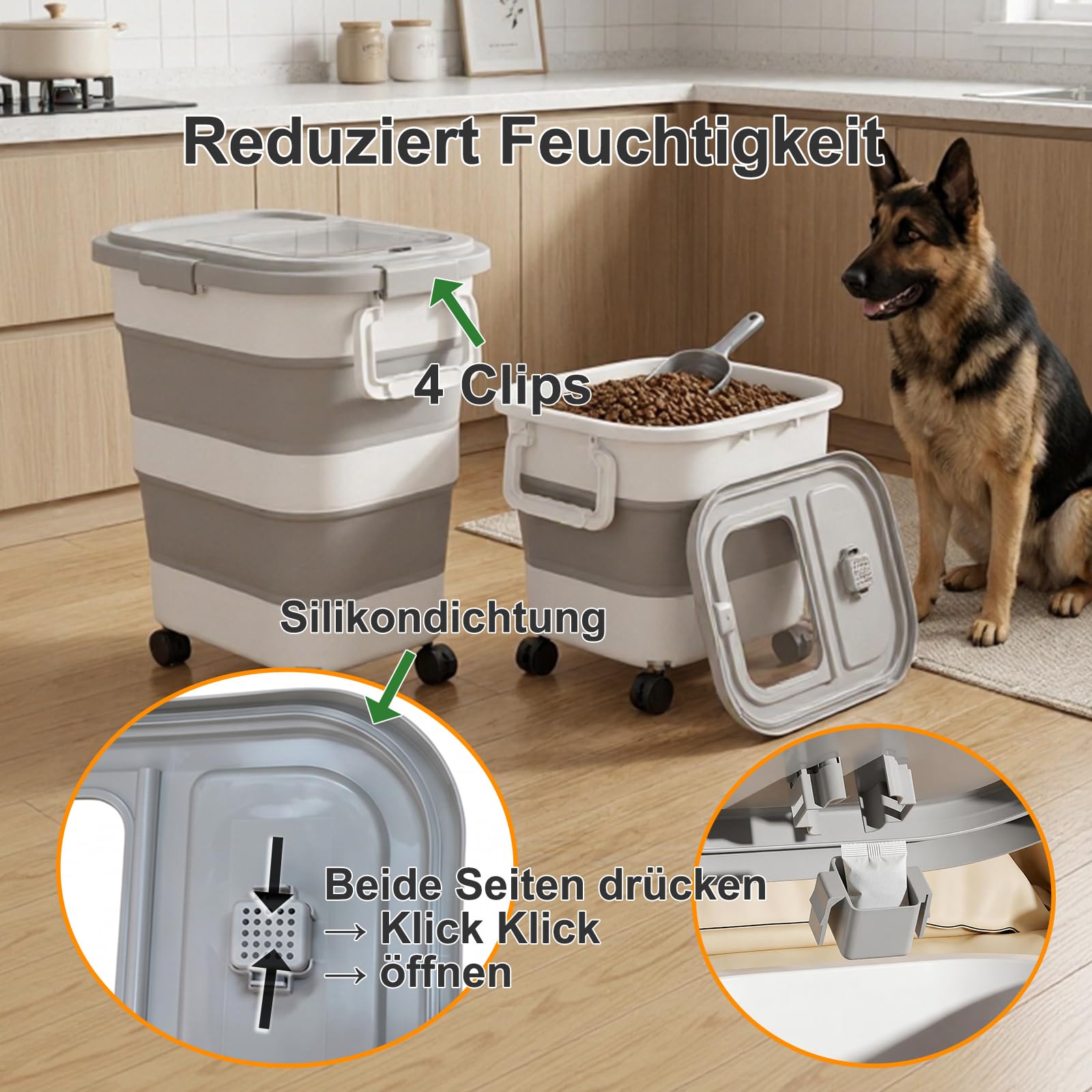 FUSHITON Großer faltbarer Hundefutterbehälter mit Rollen 24L – Trockenfutter Vorratsbehälter luftdicht mit Clip-Verschluss, inkl. Schaufel + 1000ml Messbecher, platzsparend klappbar, grau
