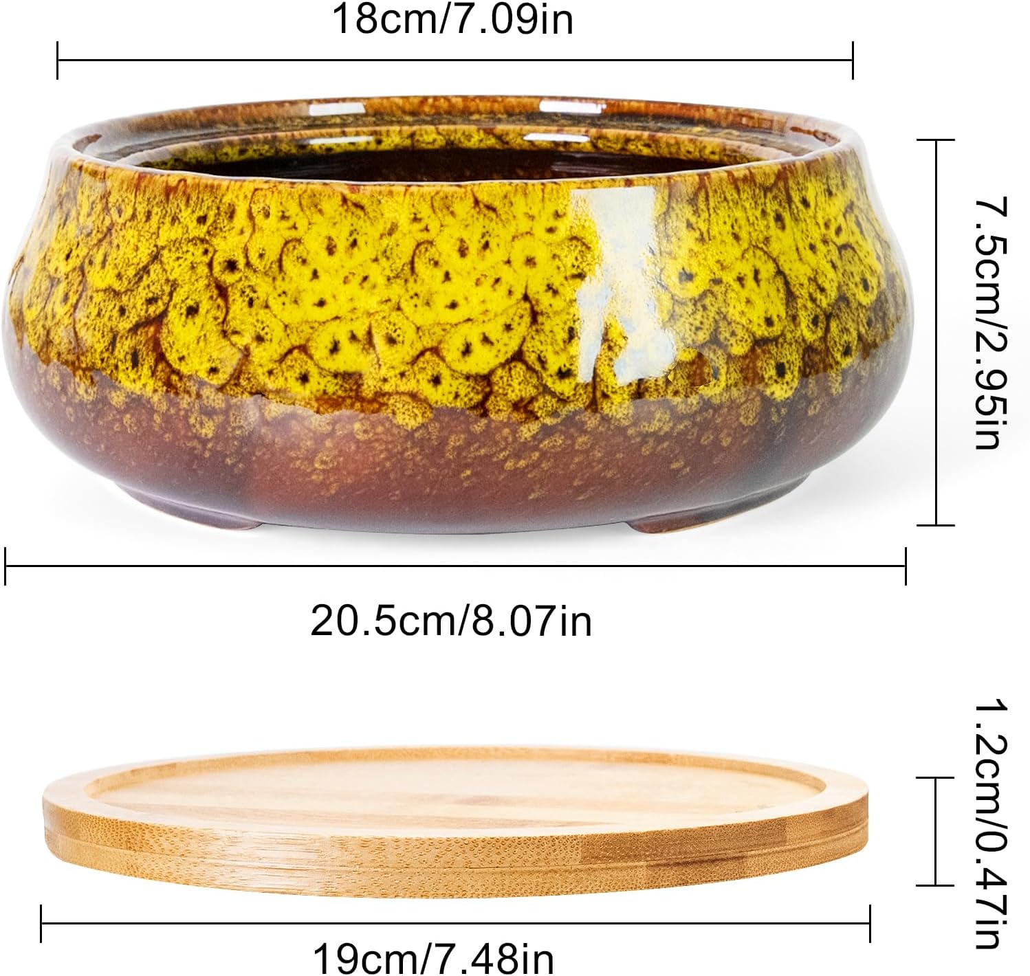 ARTKETTY Succulent Pots - 8 Inch Plant Pot, Large Bonsai Pots with Drainage Tray, Ceramic Planters for Indoor Outdoor Plants, Round Shallow Cactus Flower Plant Container Bowl Decorative Home Garden