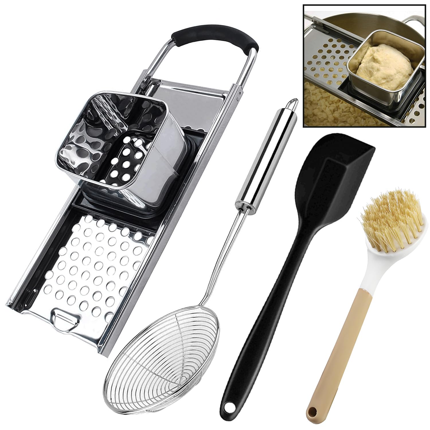 Spaetzle de acero inoxidable de grado premium con mango de agarre cómodo, cuchara de acero inoxidable con cepillo de limpieza, juego de herramientas para hacer bolas de masa hervida alemanas caseras