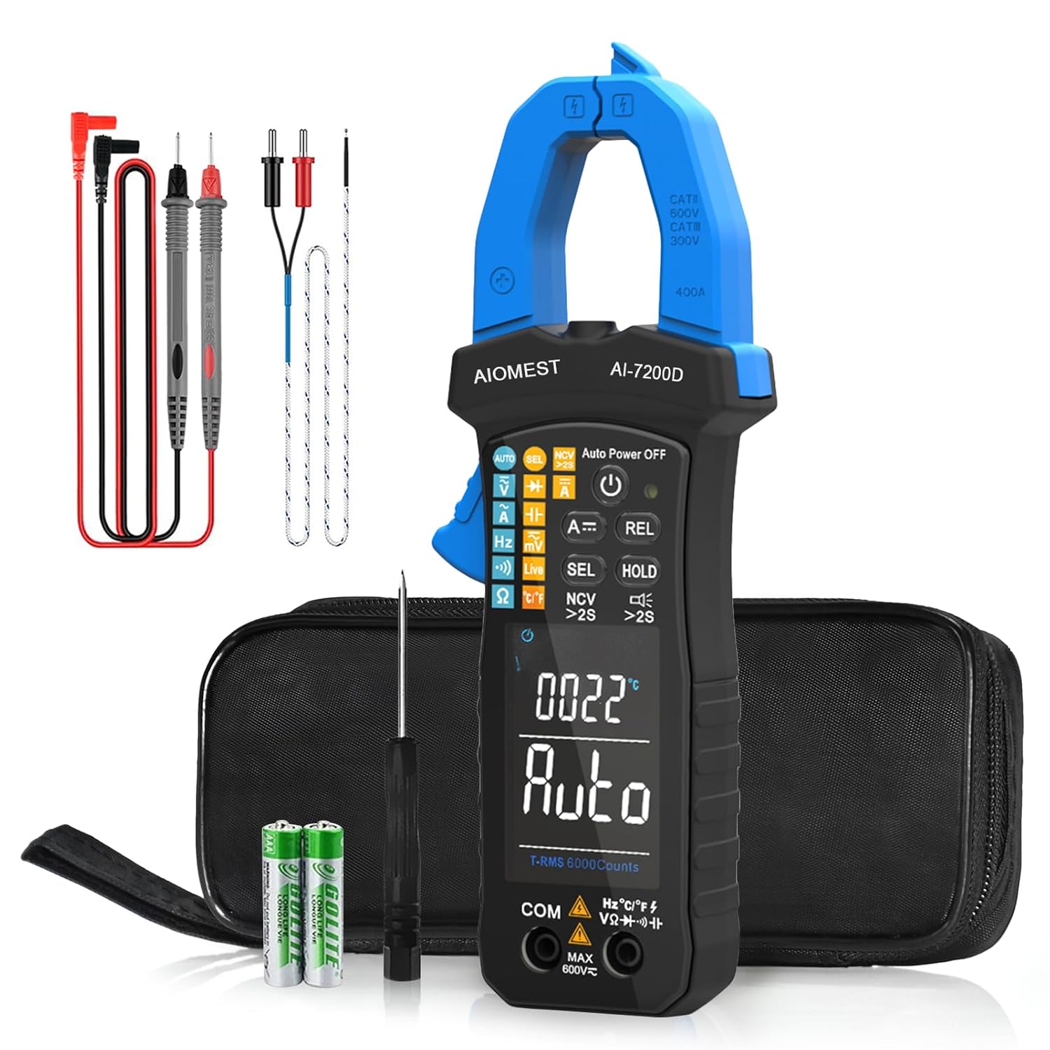 AIOMEST Digital Clamp Meter, 6000 Counts Handheld Multimeter Slim Voltage Tester Auto-Range 60A/400A True-RMS w/NCV, DC & AC, Temp, Volt Ammeter AI-7200D
