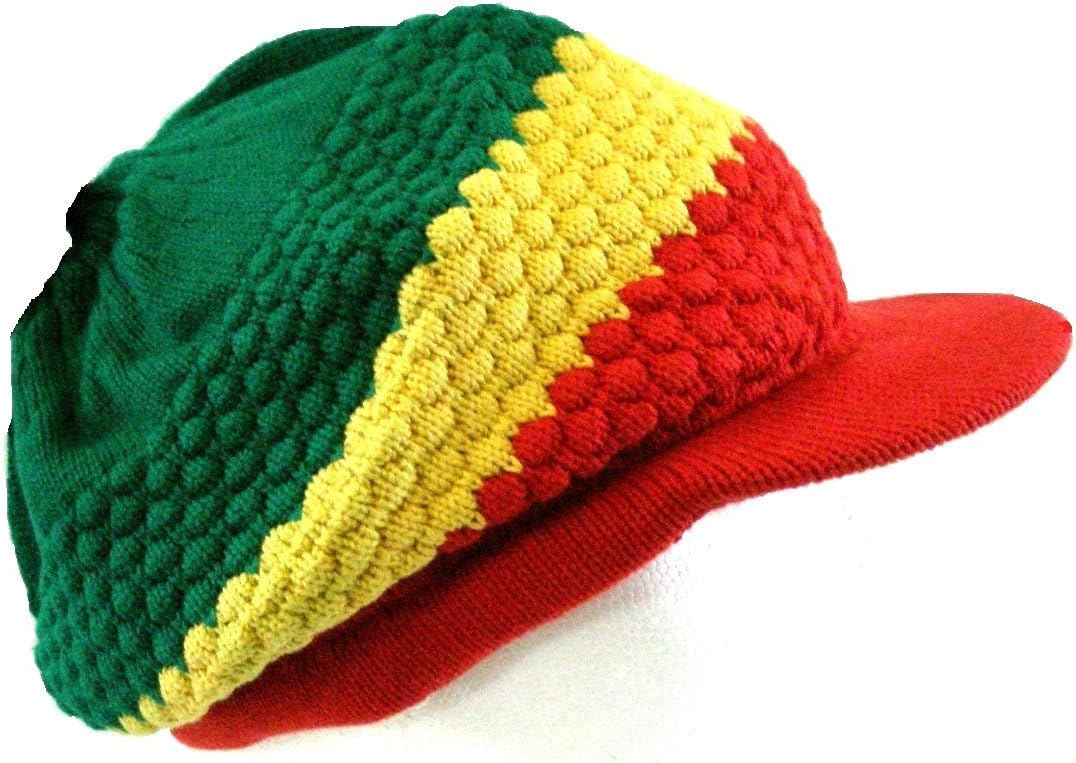Rasta Reggae Knitted Cotton Beanie Hat with Peak Bob Marley Style One Size