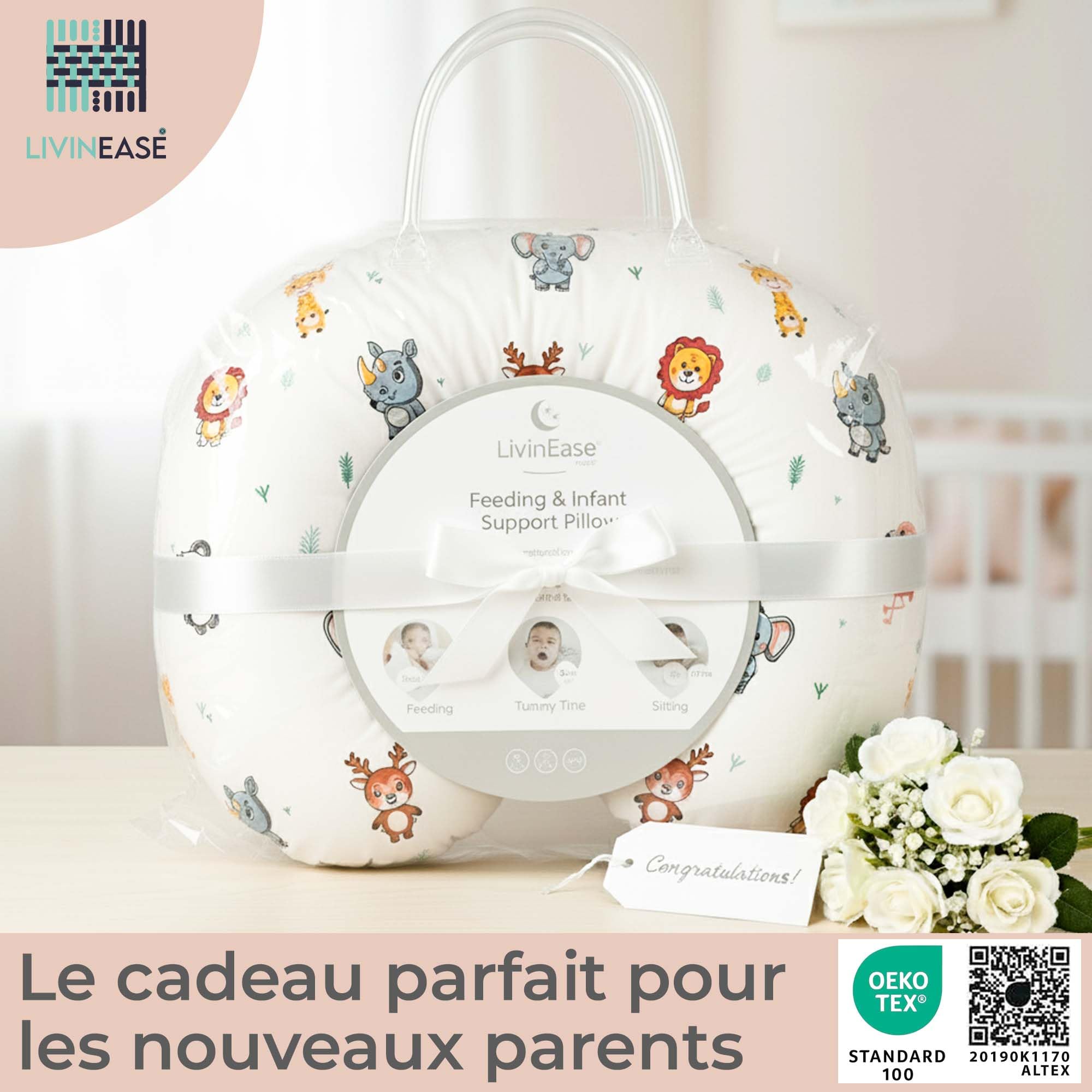LivinEase Coussin d'allaitement pour allaitement et biberon – 100% coton certifié OEKO-TEX Coussin d'alimentation pour bébé housse lavable – Parfait pour le temps sur le ventre (Jungle)