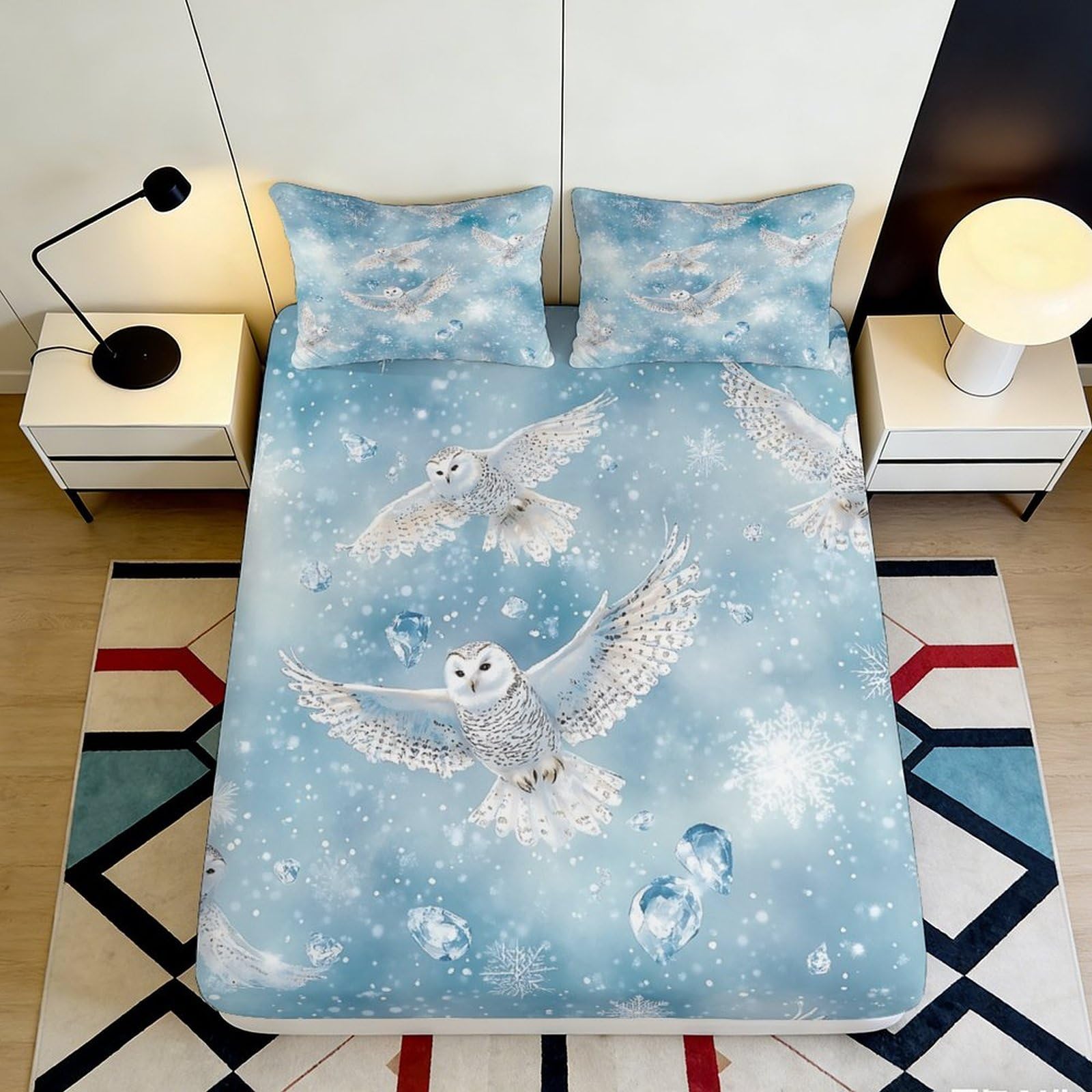 3D Printed Snowy Owl Fitted Sheet Microfiber Soft Blue Sky Mattress Cover for Bedroom Guest Room Easy Care 90x200x25cm