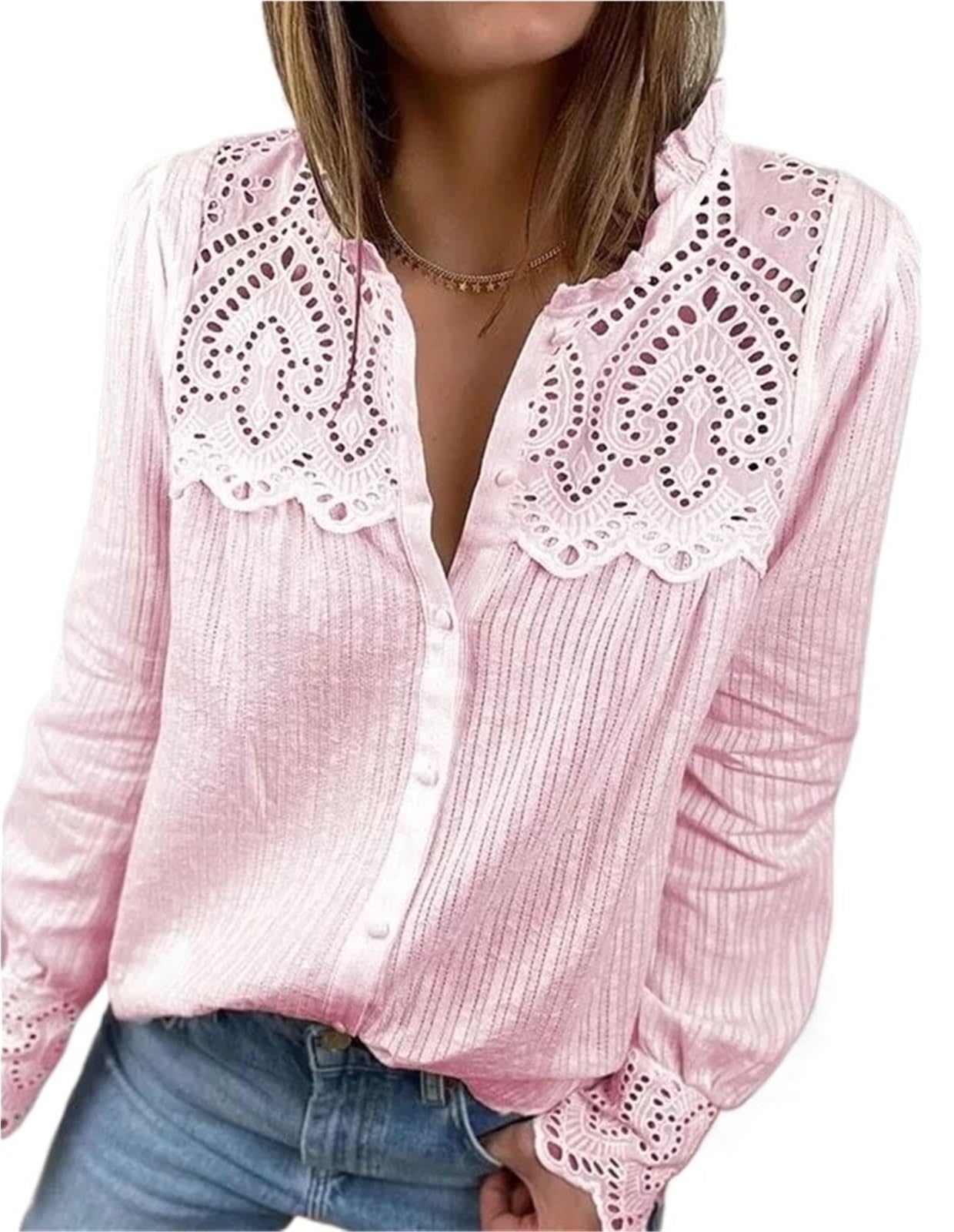 Camicie Donna Camicia in Pizzo Bianco Traforato alla Moda da Donna, Manica Lunga, Colletto Alto, Casual, Elegante, Monopetto, Blusas Bianche(Pink,XL)