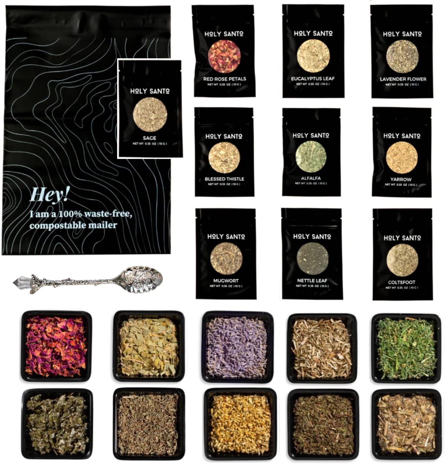 Holy Santo Organic Dried Herbs for Witchcraft Supplies Kit - 10 Witch Herbs for Spells with Crystal Spoon in Beginner Witchcraft Kit - Witchy Gifts, Wiccan Supplies and Tools
