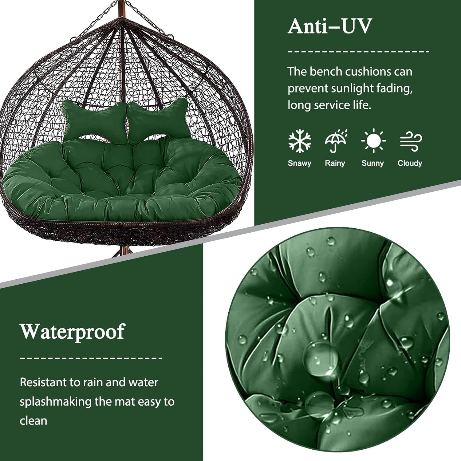 Sitzkissen Für 2-Personen-Hängemattenschaukelstühle, Ersatzkissen Für Doppelsitzer-Eierstuhl, Hängesessel Kissen, Polster, Auflage Für Polyrattan/Rattan Hängeschaukel(Gray)