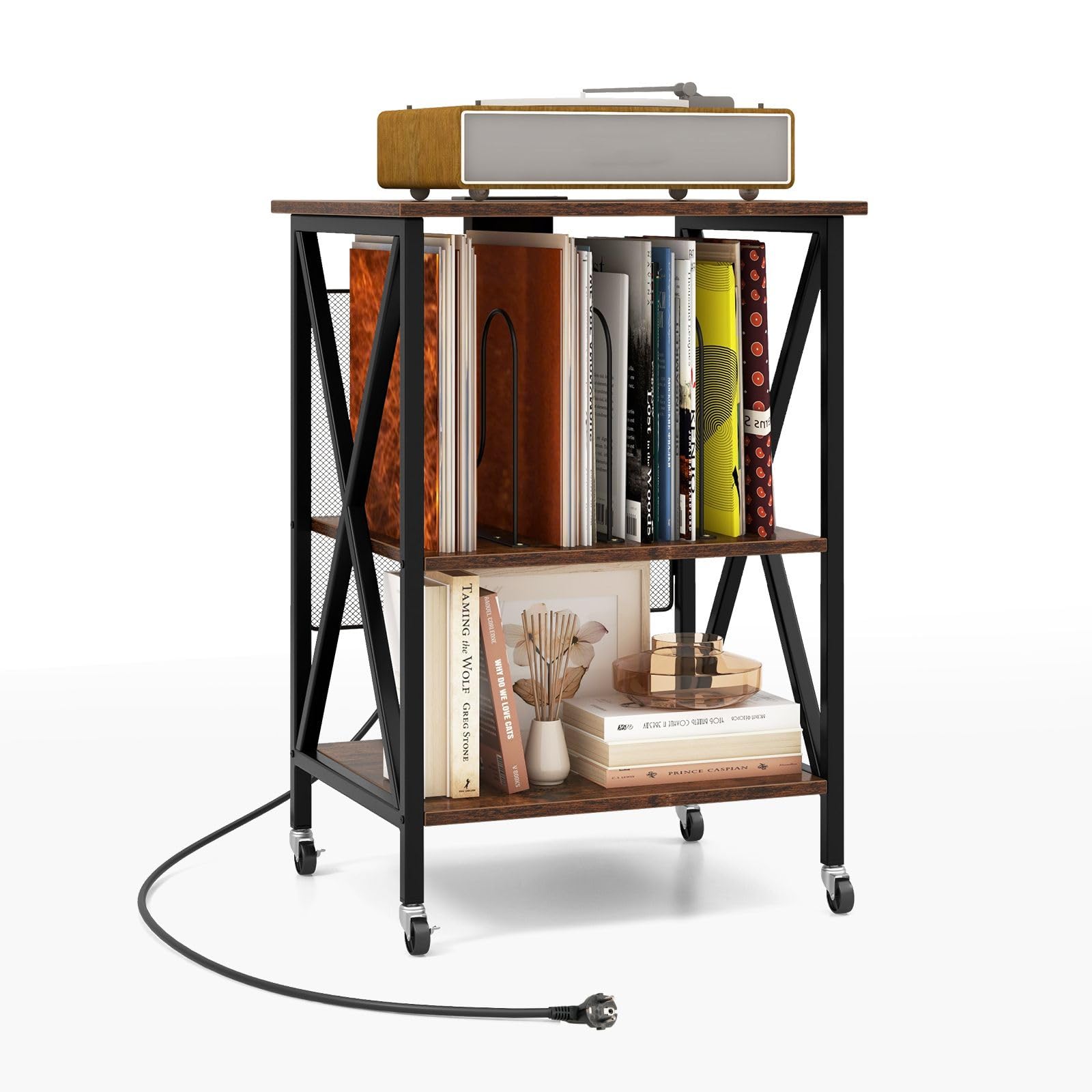 COSTWAY Supporto per Giradischi, Supporto per Giradischi in Vinile con Presa di Corrente e Porta USB, Ruote Bloccabili, 3 Livelli, per Soggiorno, Camera da Letto, 52 x 45 x 75 cm (Marrone)