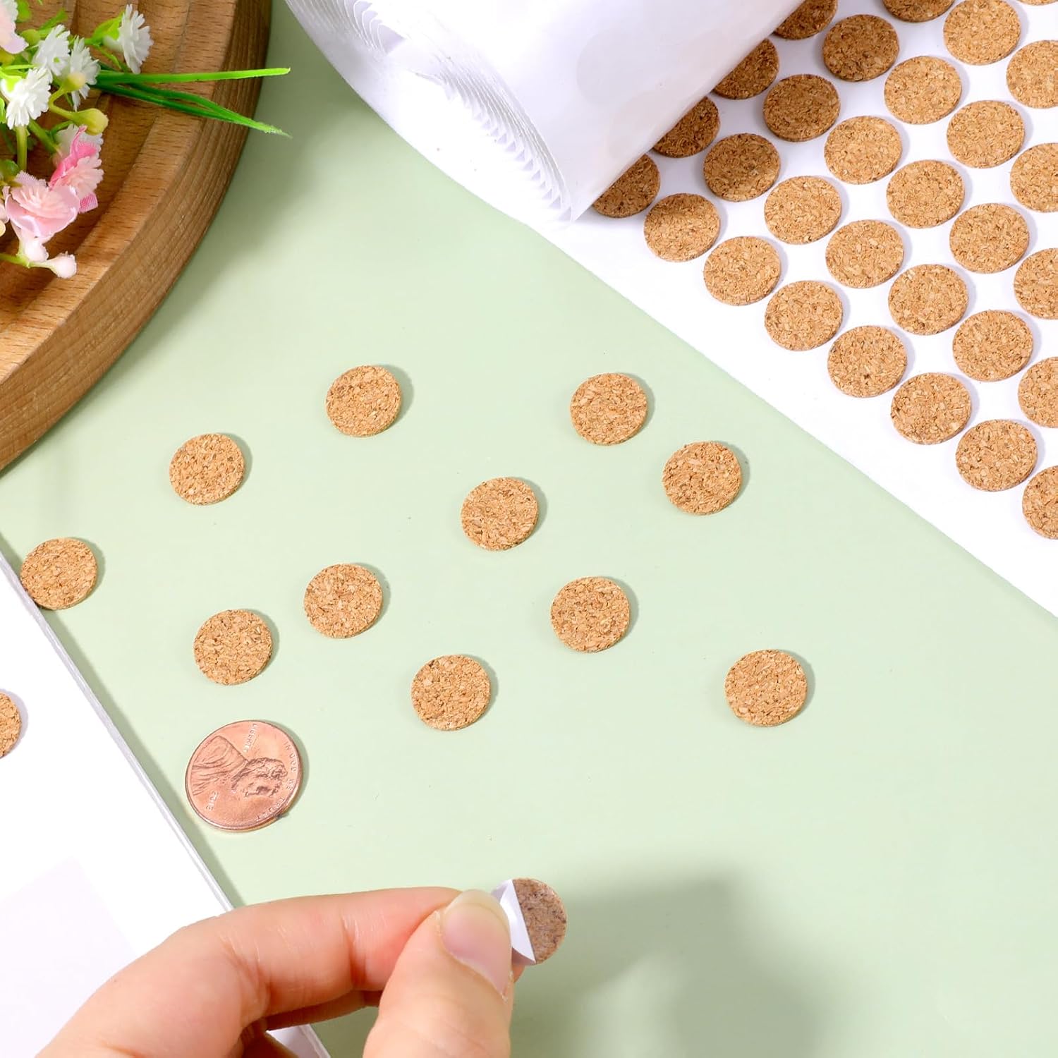 1400PCS 0.5x0.06 Inch Adhesive Cork Circles, Cabinet Door Protector Felt Pads Round Cork Furniture Pads Flat Round Self-Adhesive Corks Dots for Cabinets, Furniture Sticker Corks for Table Top Items