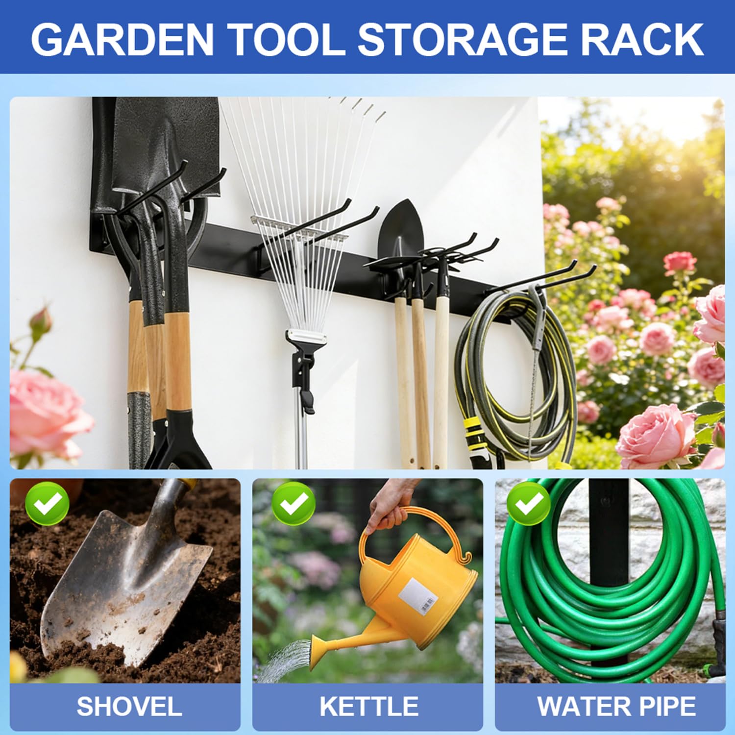 Supporto per attrezzi da giardino, supporto da parete, portata 150 kg, con 4 ganci doppi per pala, scopa, rastrello, robusto portautensili per attrezzi da giardino in garage, giardino