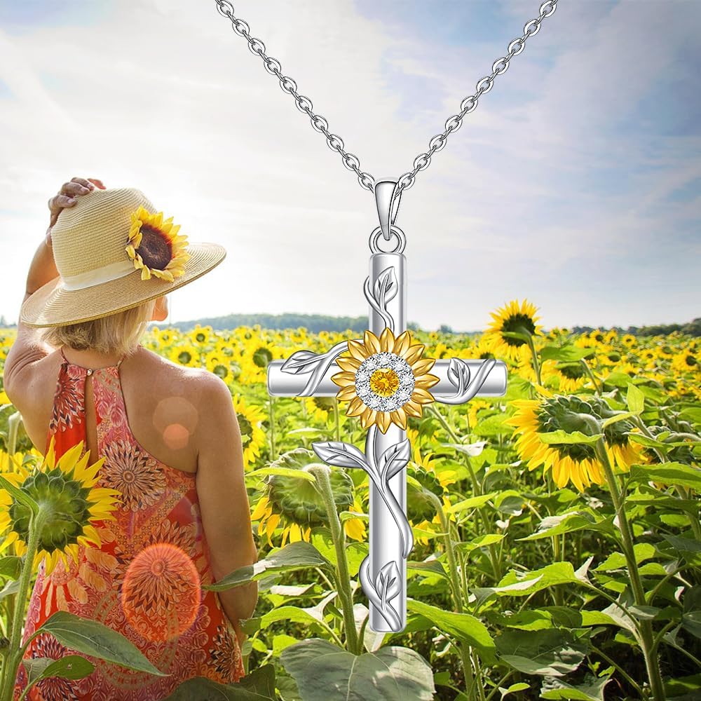 Fenthring 18k Gold Plated Sunflower Necklaces for Women, Sunflower Cross Necklace 925 Sterling Silver Sunshine Pendant Mom Jewelry Christmas Gifts for Women - Image 8