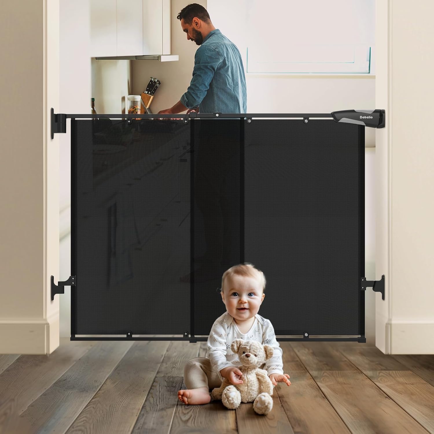 Babelio 26-43" No Bottom Bar Baby Gate for Babies, Elders and Pets, Mesh Gate with Large Walk Thru Door, One-Handed Open, Auto-Closing, Hardware Mount Safety Gate for Stairs and Doorways, Black Black 26-43 Inch