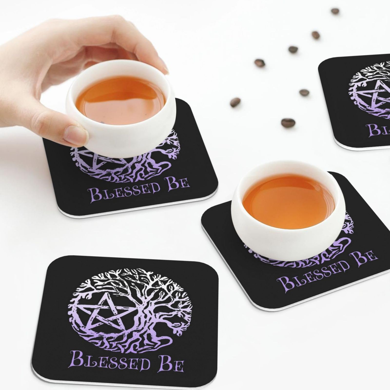 Asbwuo Square Pu Leather Drink Coasters,Wiccan Pagan Witch Tree Of Life Leather Coasters For Drinks Set Of 6
