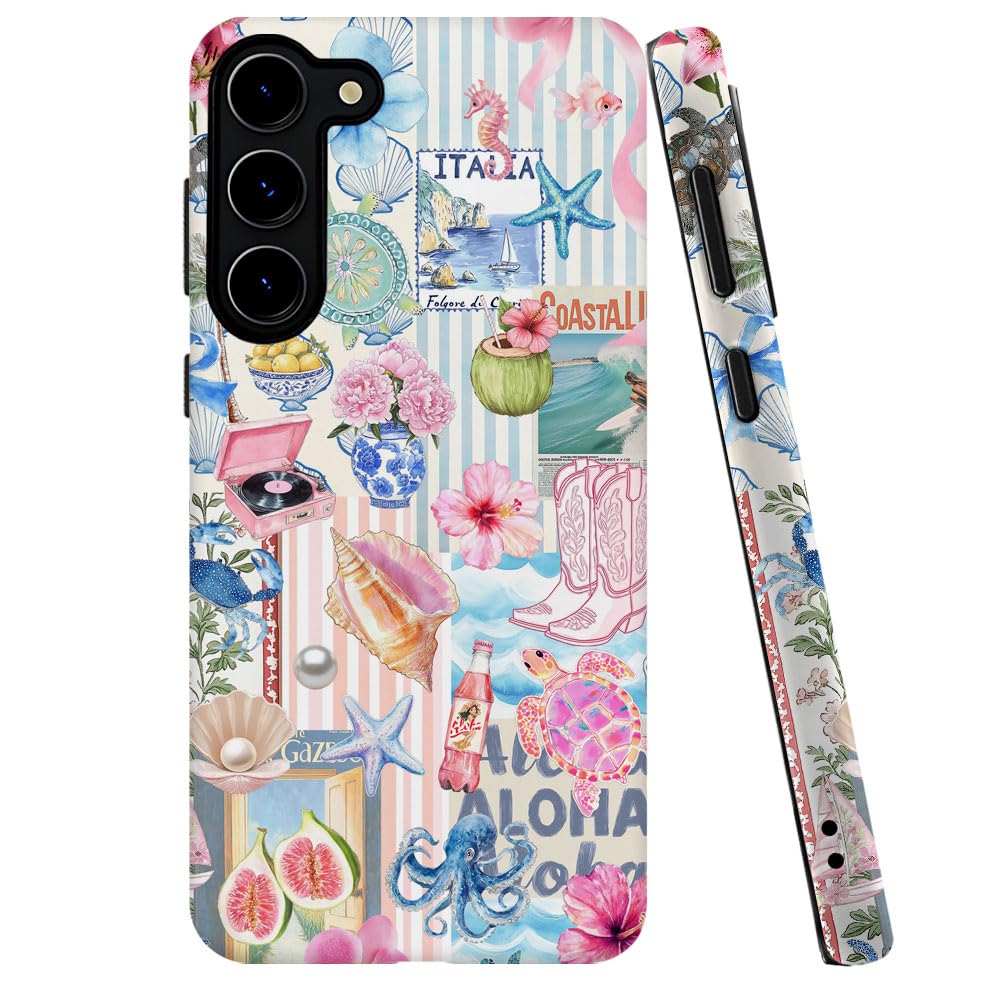 DJSOK Compatible with Samsung Galaxy S23,Frosted PC Anti-Scratch Shockproof Case - Blue Beach Coast Aesthetic Collage