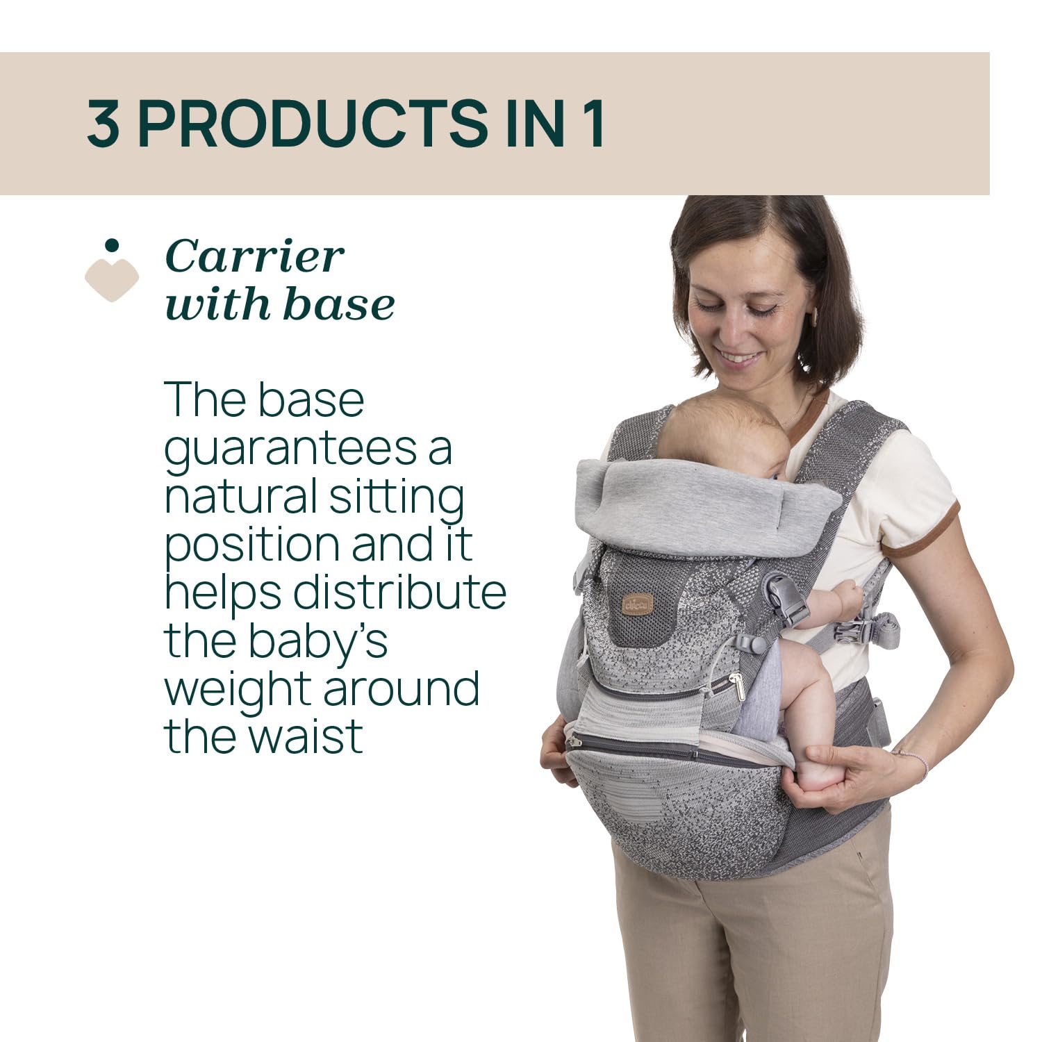 Chicco Airy Hip Fit 3-in-1 Babytrage, abnehmbarer Basis-Support, mehrere Positionen, 0-15 kg
