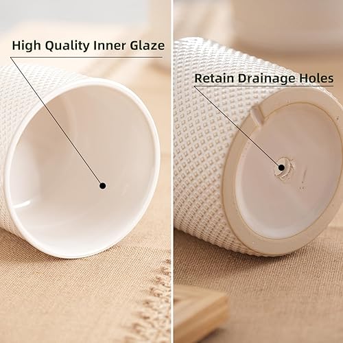 Miniatura 5 de Macetas de 8 pulgadas maceta de cerámica con orificio de drenaje y platillo - Maceta para plantas de interior y exterior - Diseño con cuentas en