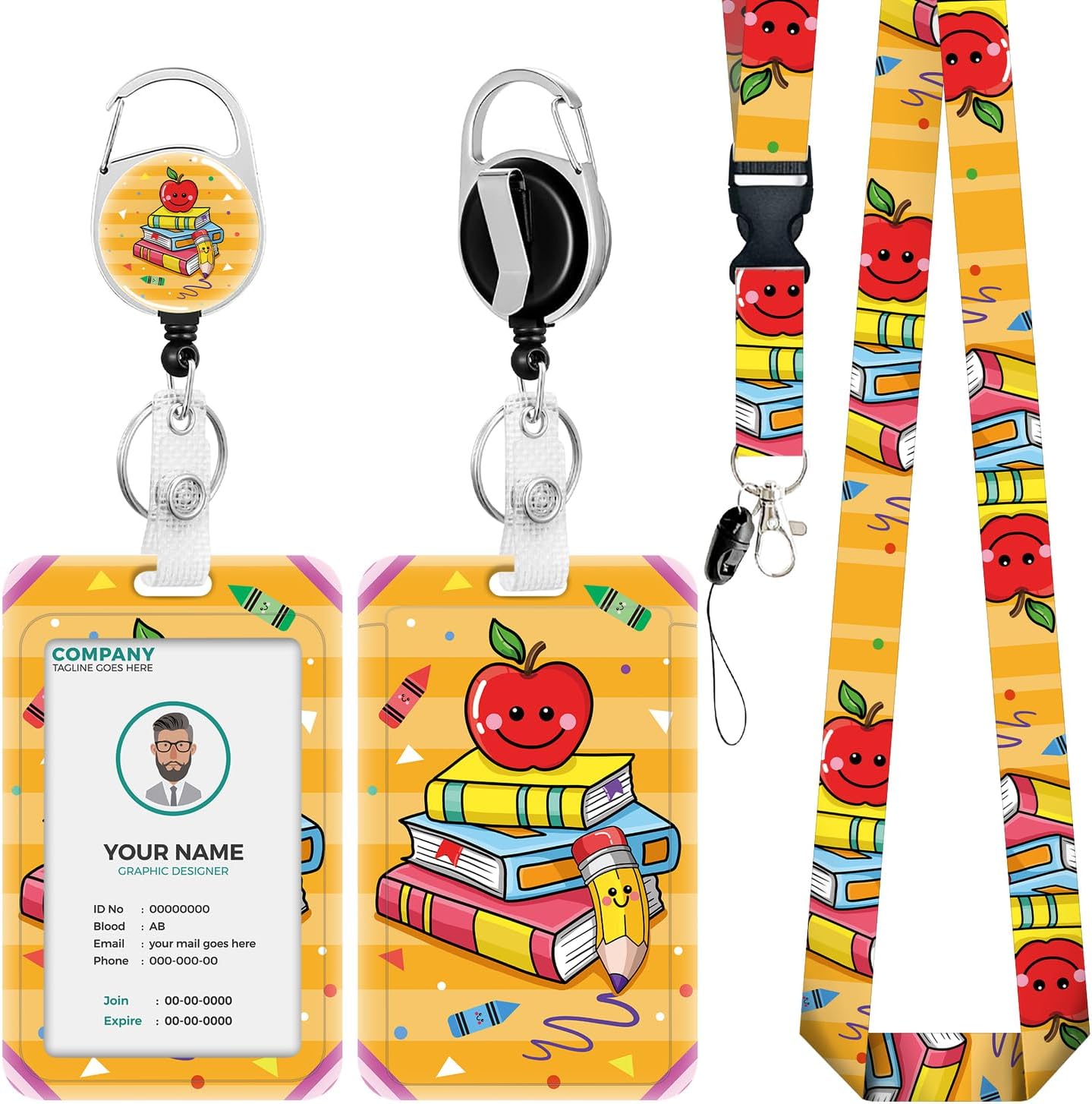 Teacher Lanyards for Id Badges Ajustable, Cute Apple Badge Reel Heavy Duty with Carabiner Clip, Fashionable ID Badge Holder with Breakaway Lanyard for Women Work Office Nurse Doctor Student Gifts Cute Teacher