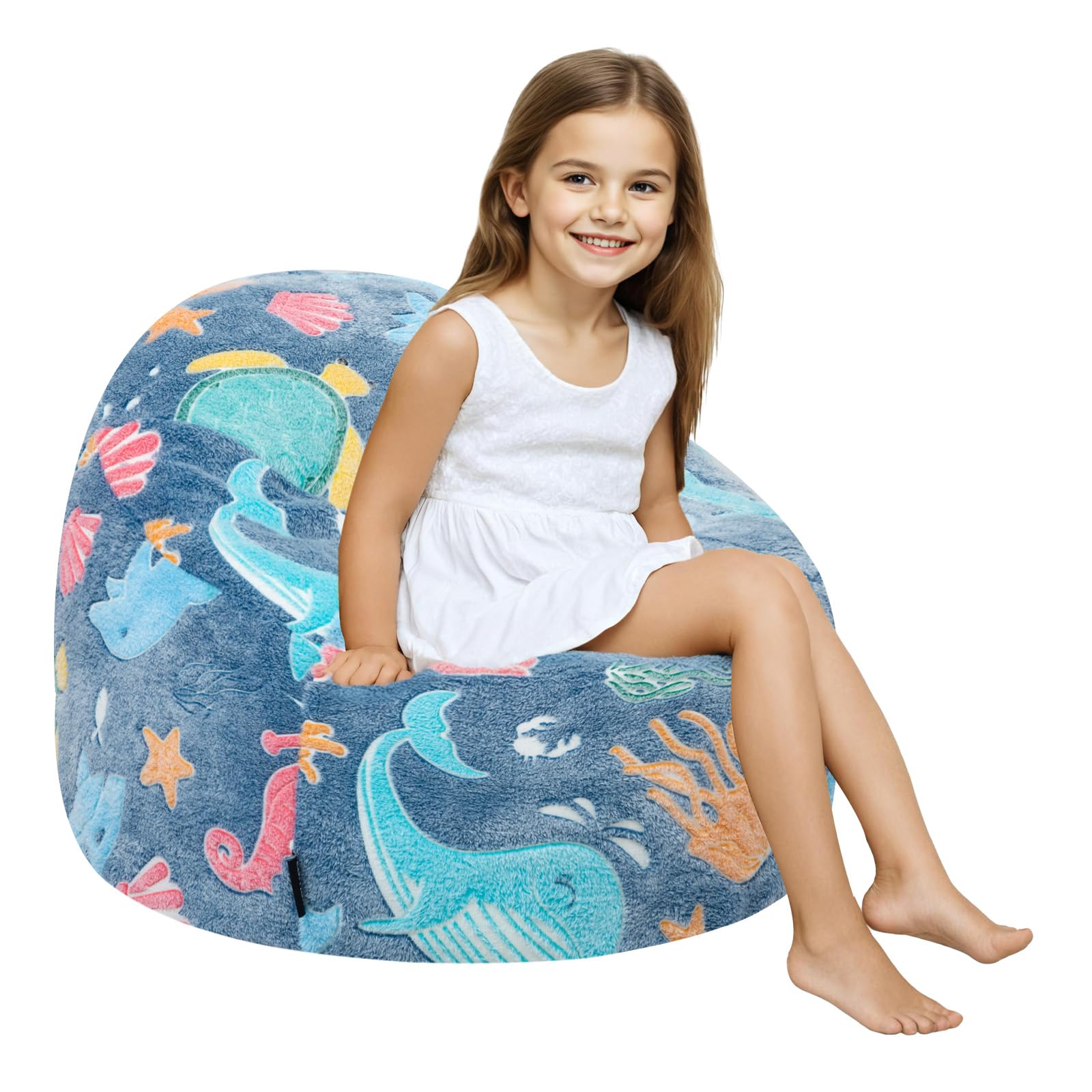 COMAX Bean Bag Chairs for Kids, Toddler BeanBag Sofa with Filler Bean Couch Stuffed for Boys and Girls, Lazy Floor Chair for Playroom, Nursery Room, Glowing Ocean