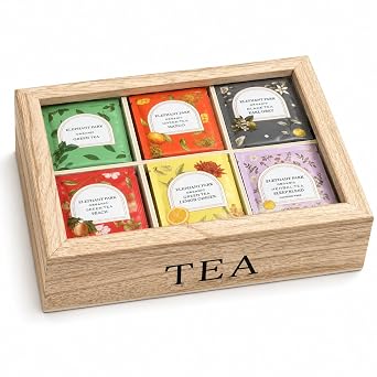 Premium Organic Wooden Tea Sampler Gift Box With 6 Flavors Made With Real Ingredients, Non-GMO and Dye Free, Includes Green Tea, Peach, Mango, Earl Grey, Sleep Blend, Lemon Ginger 60 Bags