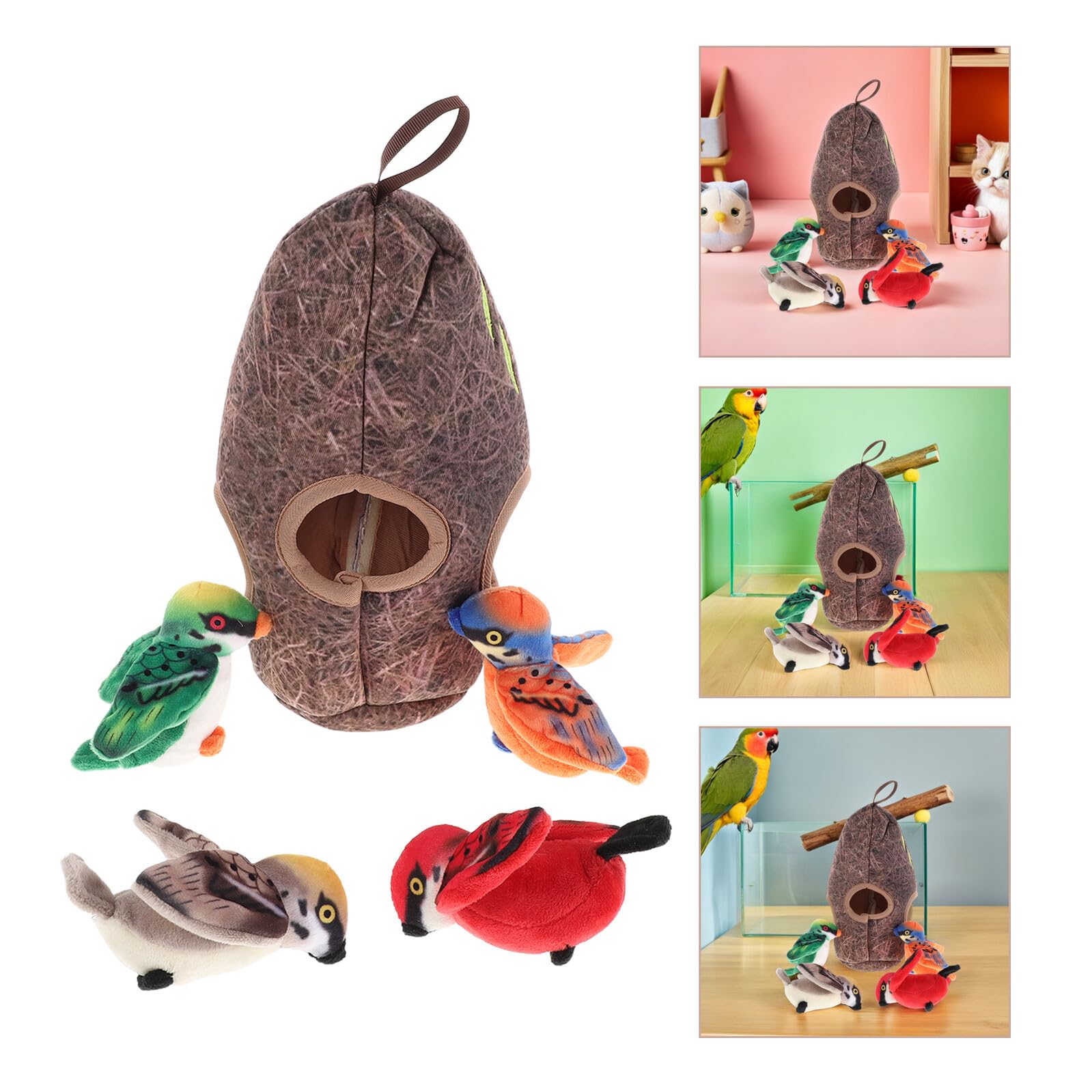 TOYANDONA Realistisches Katzenspielzeug Vogelkäfig Satz Interaktives Quietschvogel Kauspielzeug aus Plüsch für Kätzchen und Katzen Mehrfachspielspaß für Wohnungskatzen Leicht und Tragbar