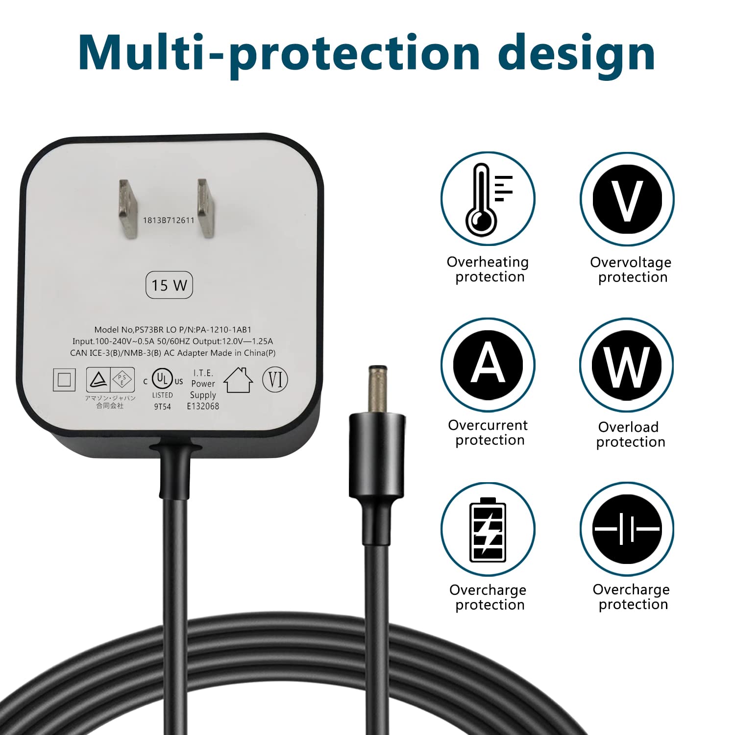 Adaptateur Secteur 15W Pour Echo Dot (3e/4e/5e Génération) - 12V, Câble 1.5m, Compatible Avec Plusieurs Modèles Echo