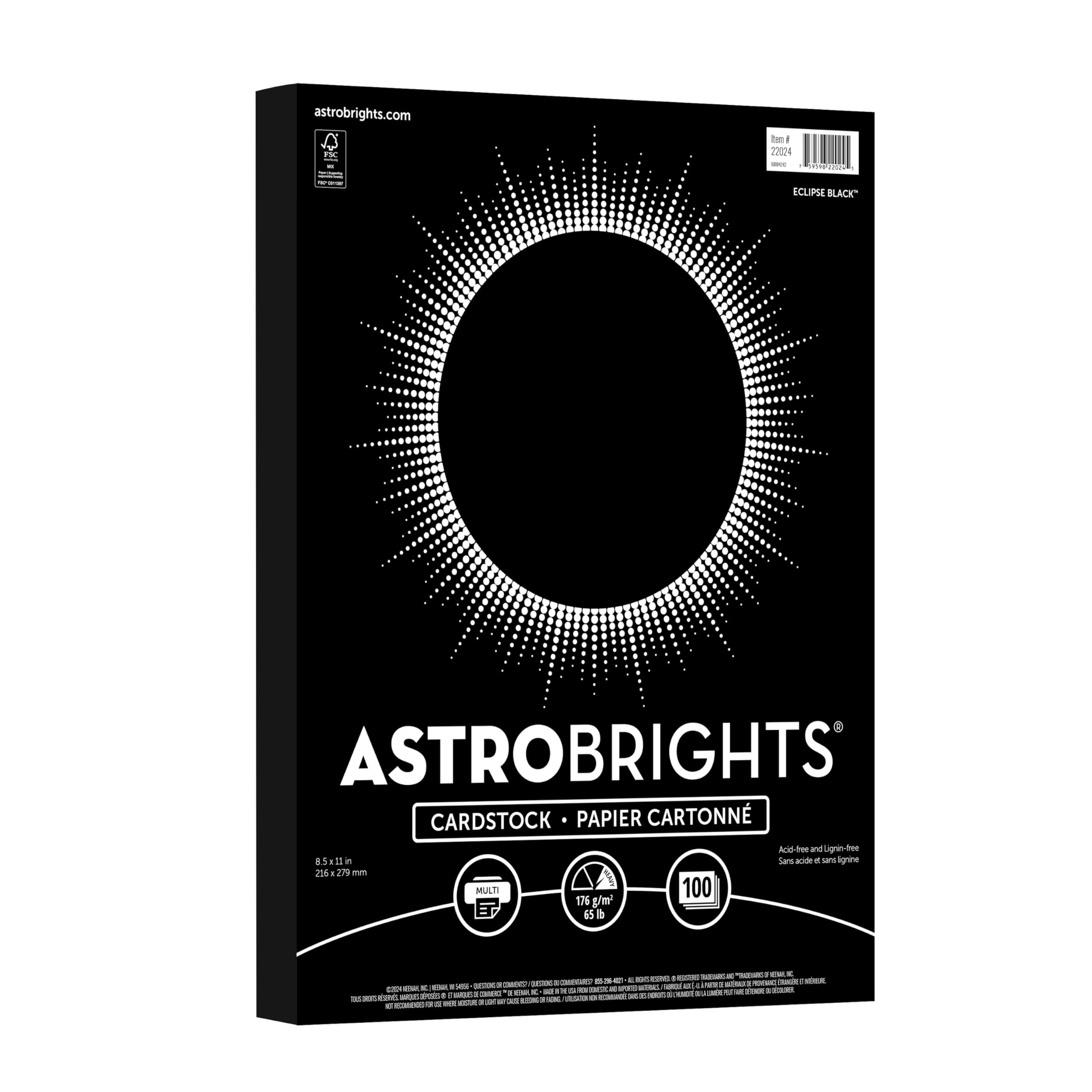 Paper Astrobrights Colored Cardstock, 8.5” x 11”, 65 lb/176 GSM, Eclipse Black, 100 Sheets (22024-01)