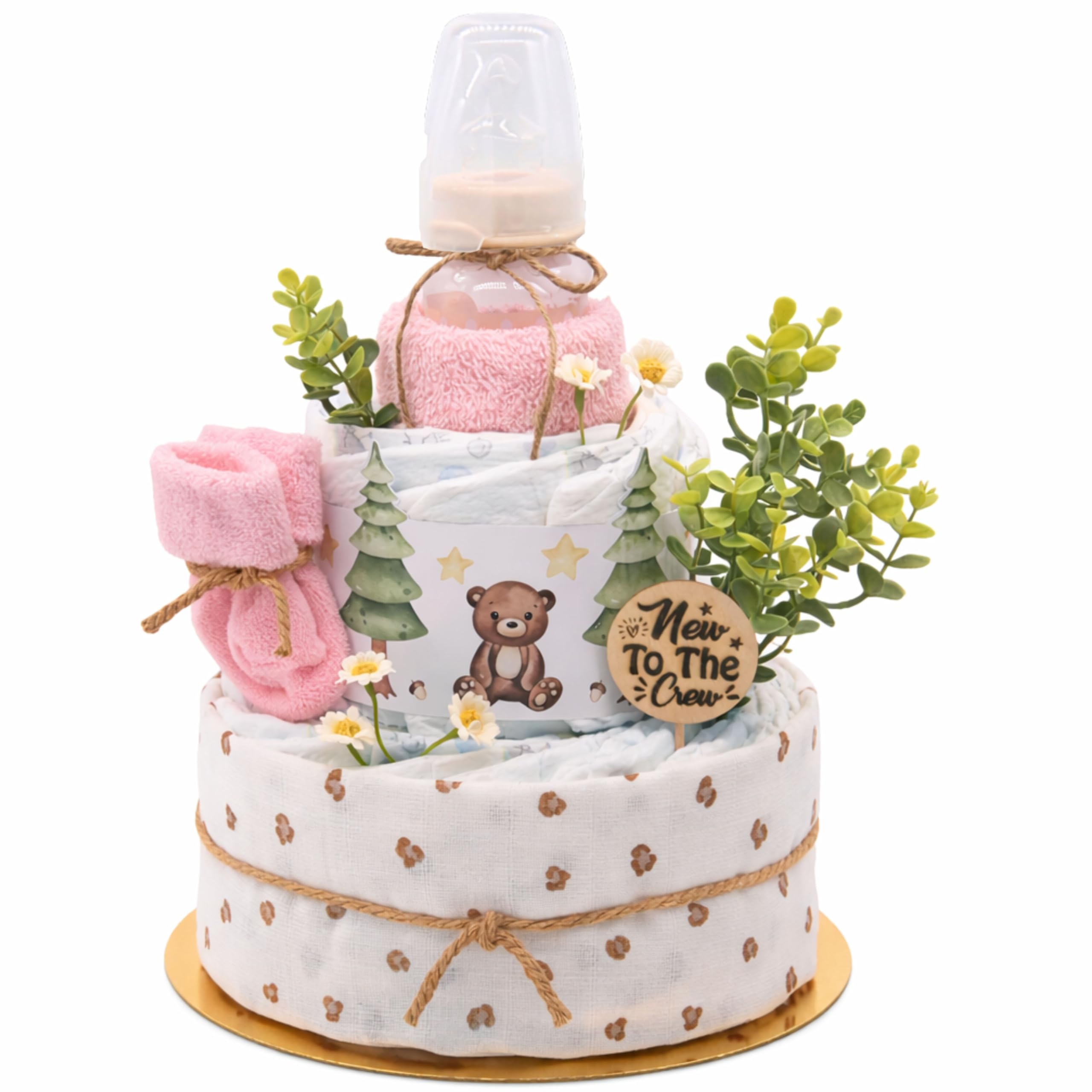 Trend Mama Windeltorte Wald mit Musselintuch,Baby Teeflasche, Spucktuch, Babysocken, Baby Geschenk Geburt (Rosa)