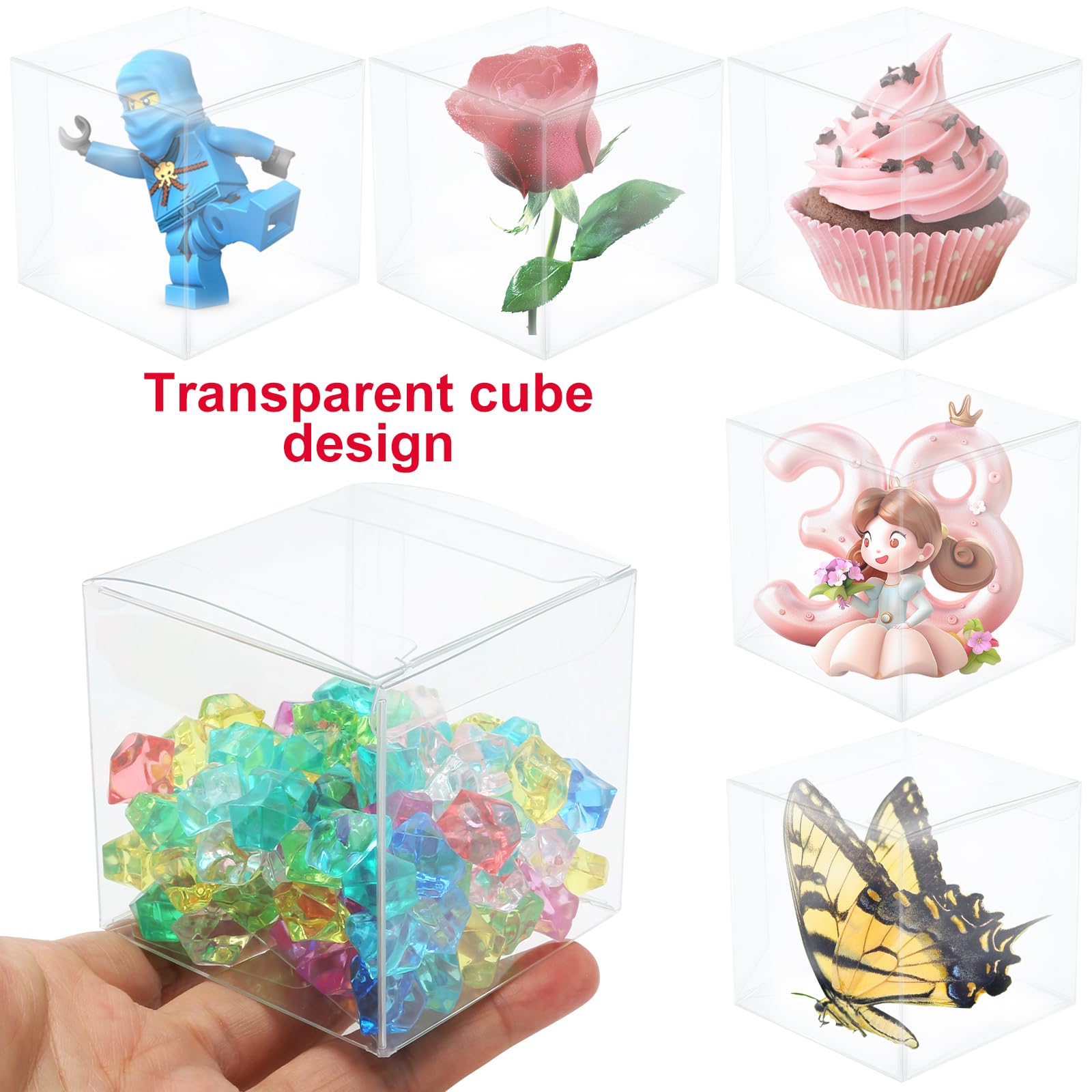 WOPPLXY 50 Transparente Geschenkboxen 7,6x7,6x7,6 Cm Mit Band – Faltbar, Für Süßigkeiten, Cupcakes & Mehr