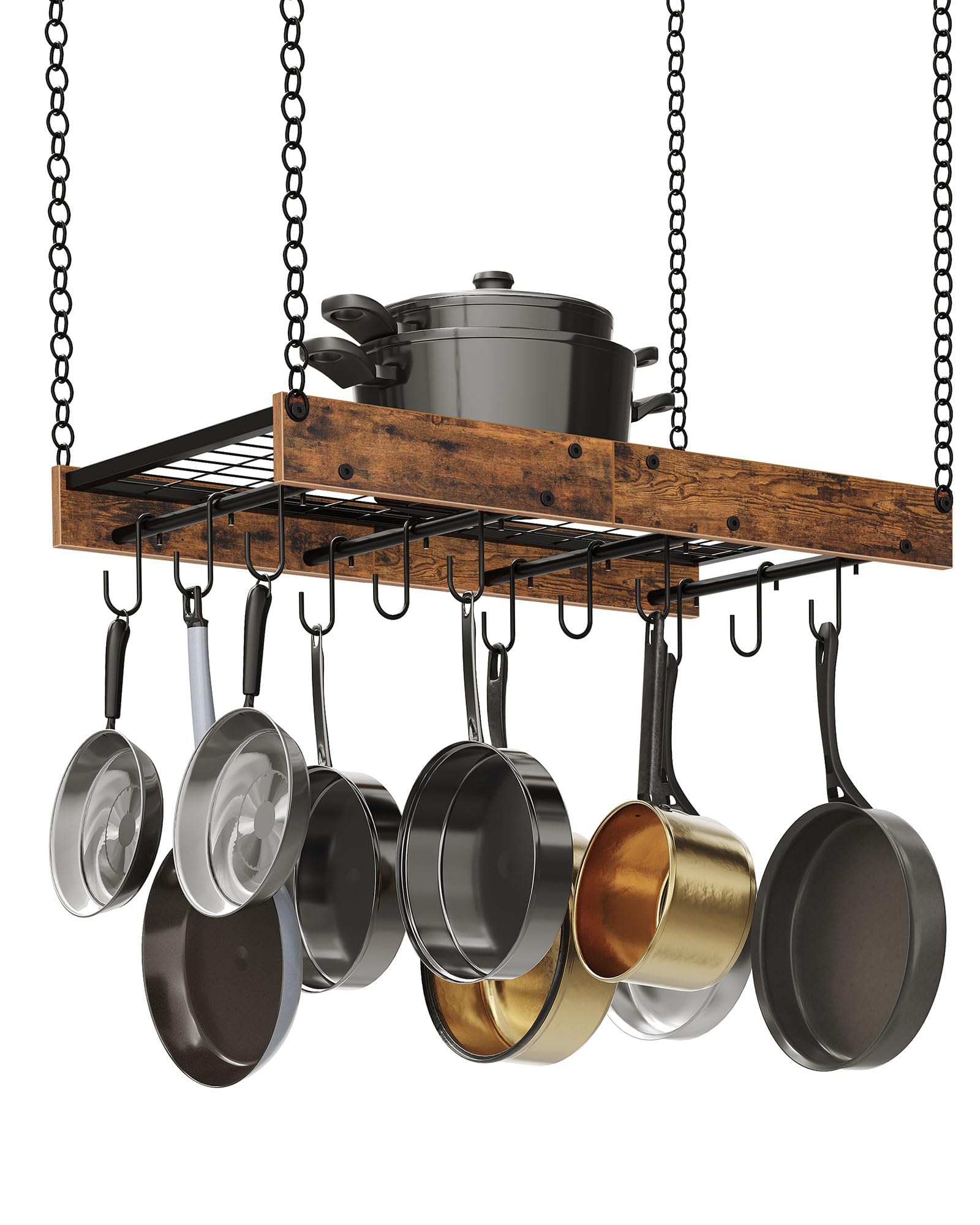 CHOEZON Porte-casseroles Suspendu 61 cm, Support à Poêle Suspendu au Plafond, Étagère de Cuisine, 12 Crochets, Rangement des Ustensiles, Gain de Place, Noir et Marron Rustique DTPR01BF
